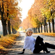 trees, girl, Leaf, Way, young, viewes, autumn