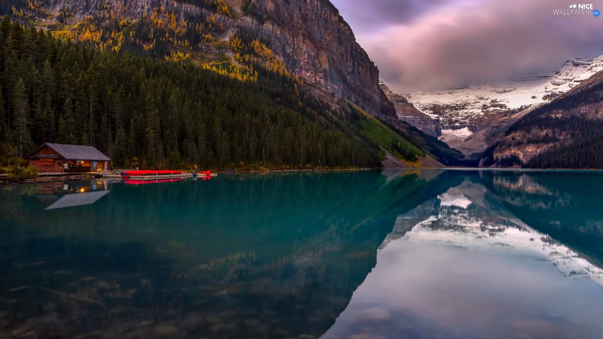 reflection, lake, trees, Alberta, viewes, Mountains, Lake Louise, Canada, Banff National Park, house