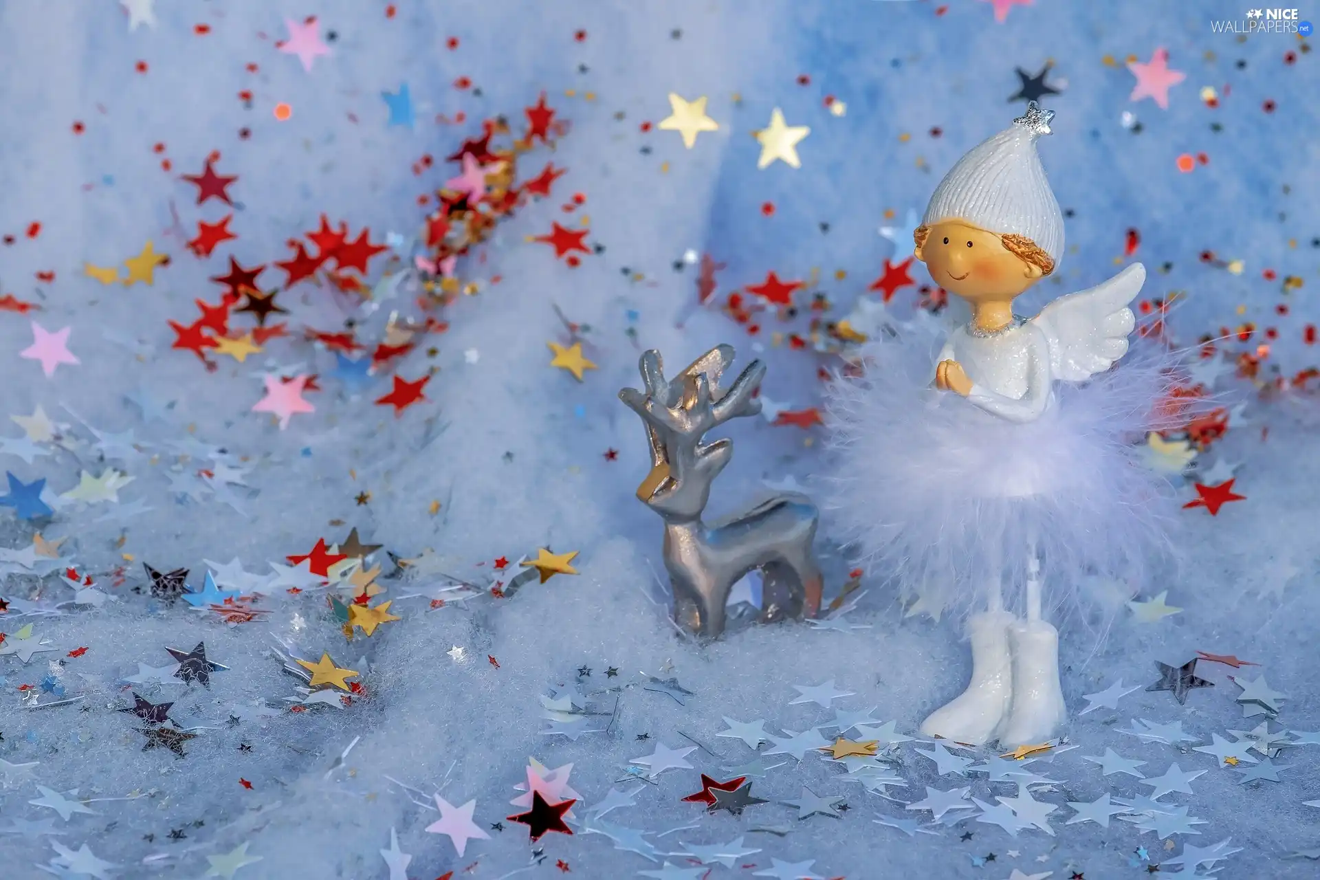 figure, decoration, scattered, angel, Christmas, fawn, Stars