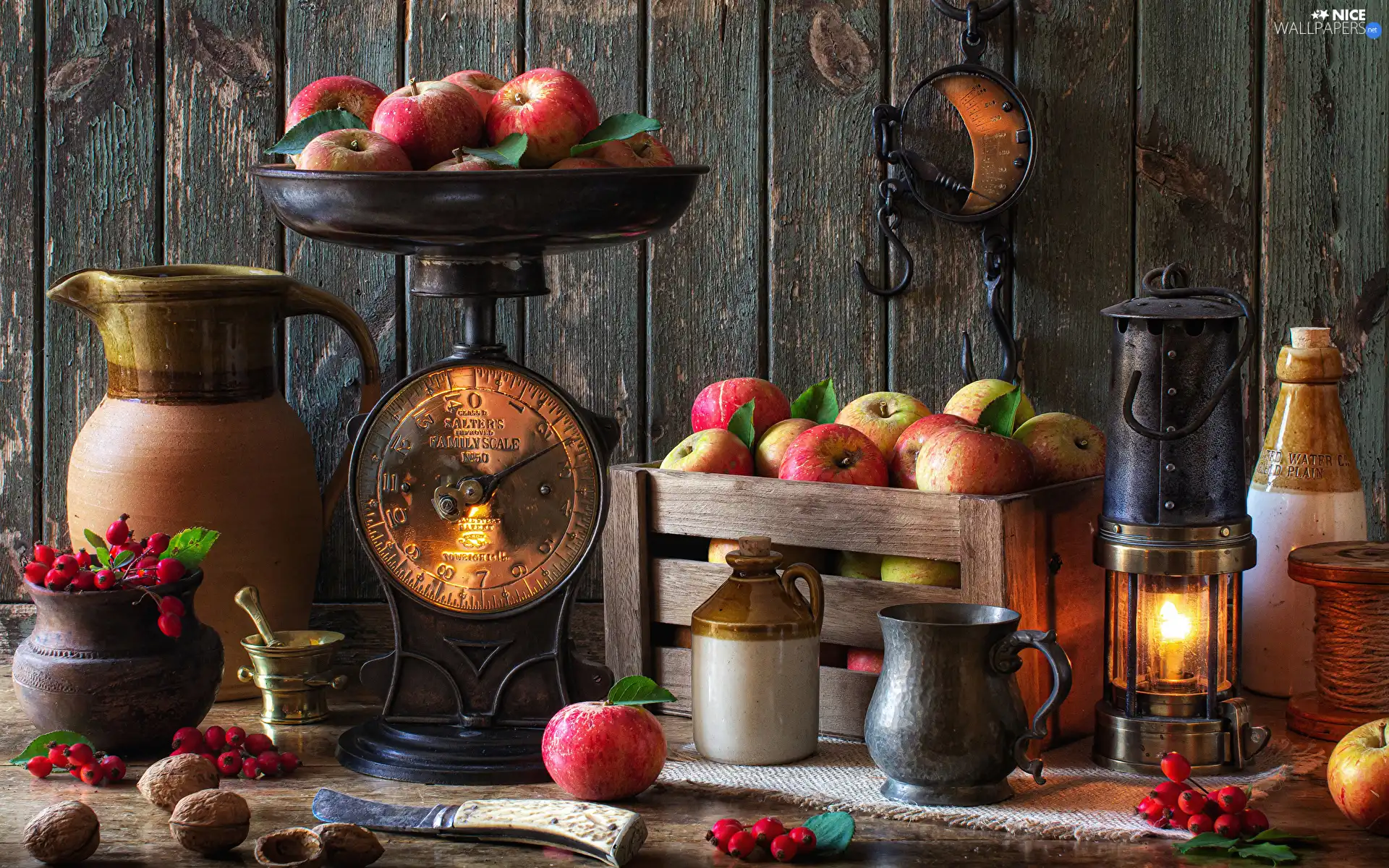 weight, composition, Lamp, apples, box, pitcher