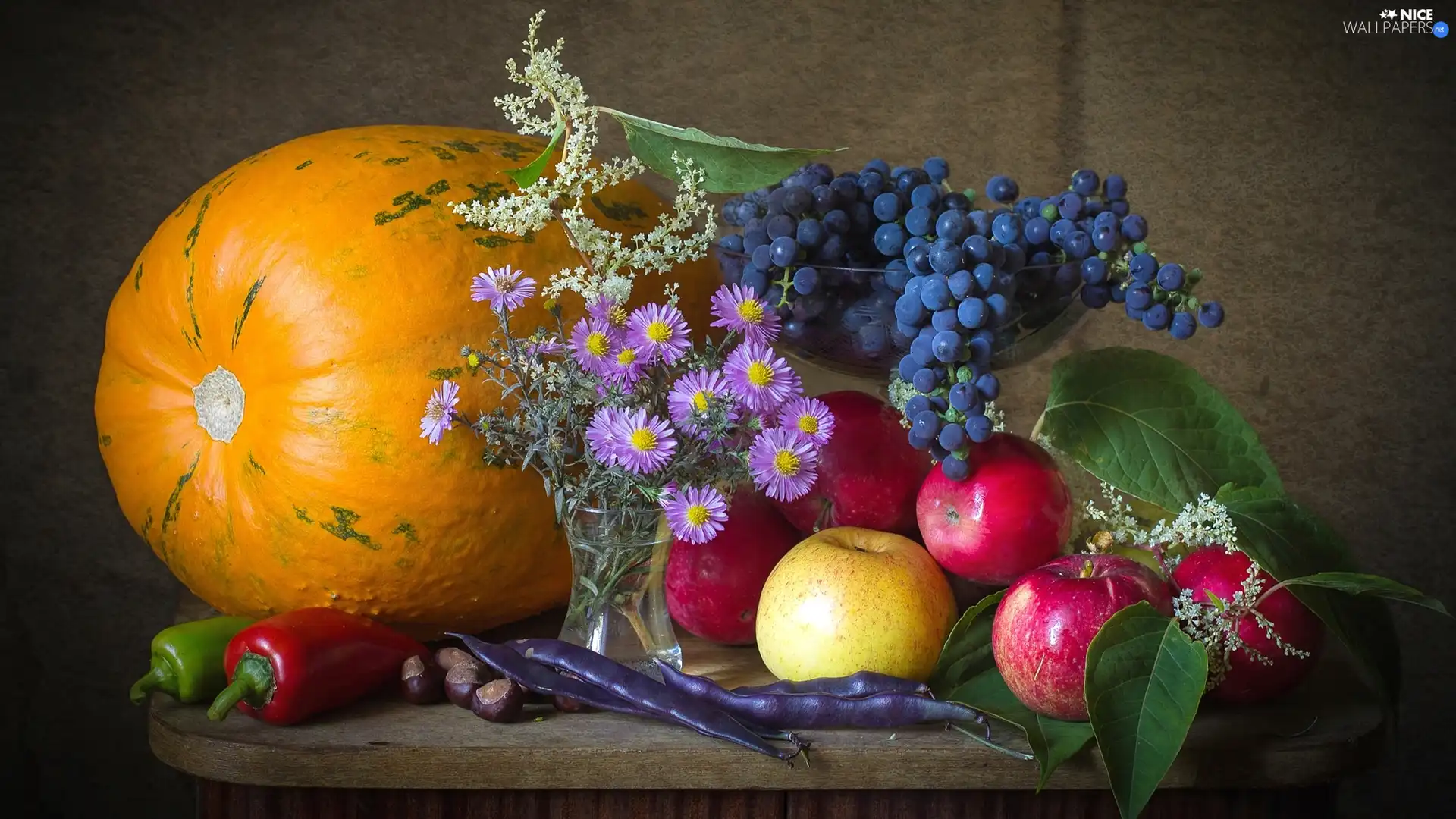 apples, composition, Flowers, Aster, Grapes, pumpkin