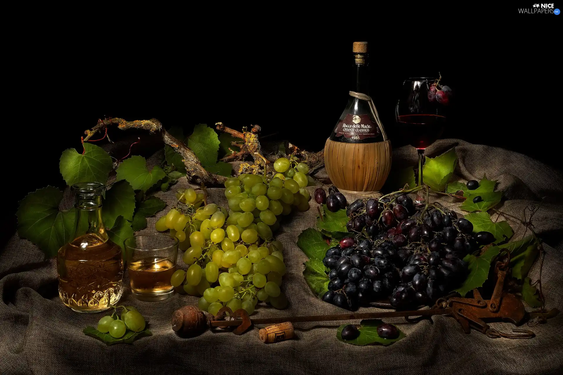 carafe, Grapes, black background, composition, Wine, Bottle