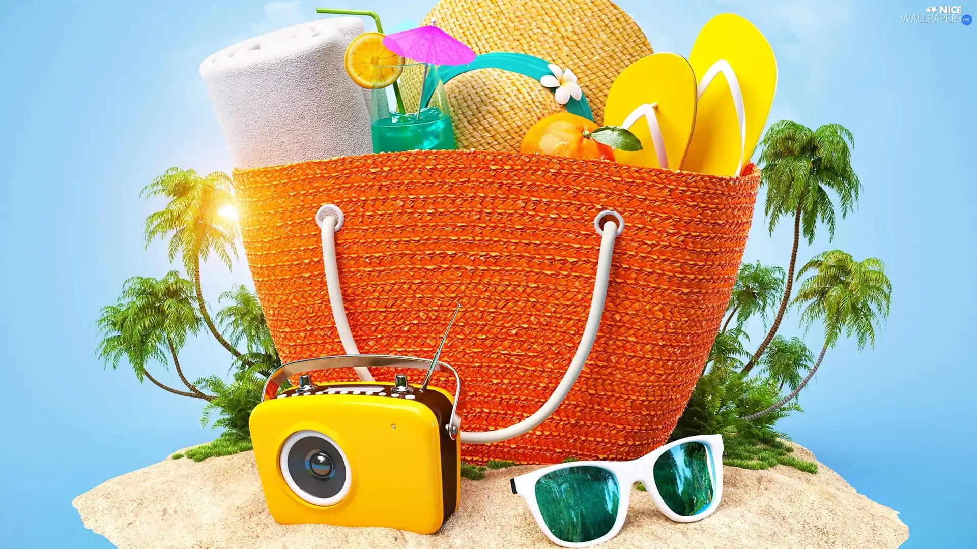 Palms, summer, radio, bag, Flaps, 2D Graphics, Drink, Beaches, holiday, Hat, Glasses