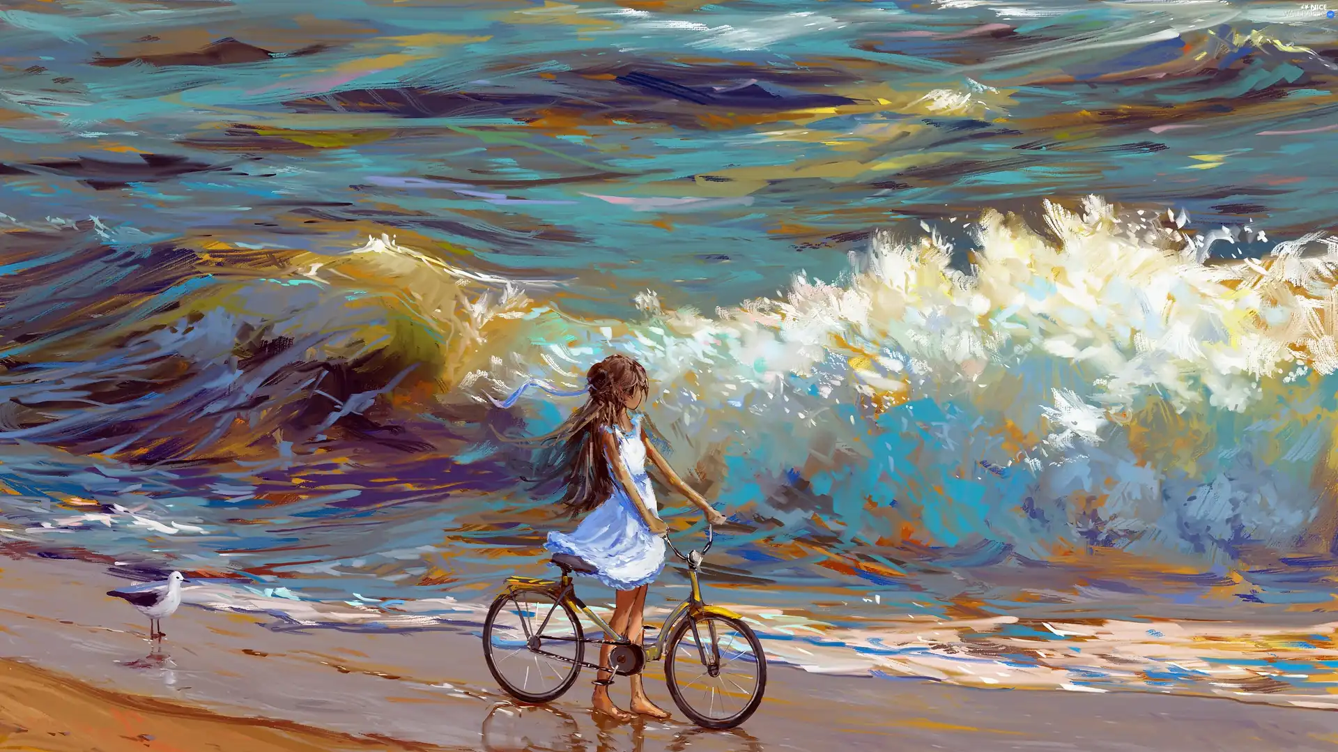 sea, Bike, seagull, Beaches, Kid, Waves, graphics