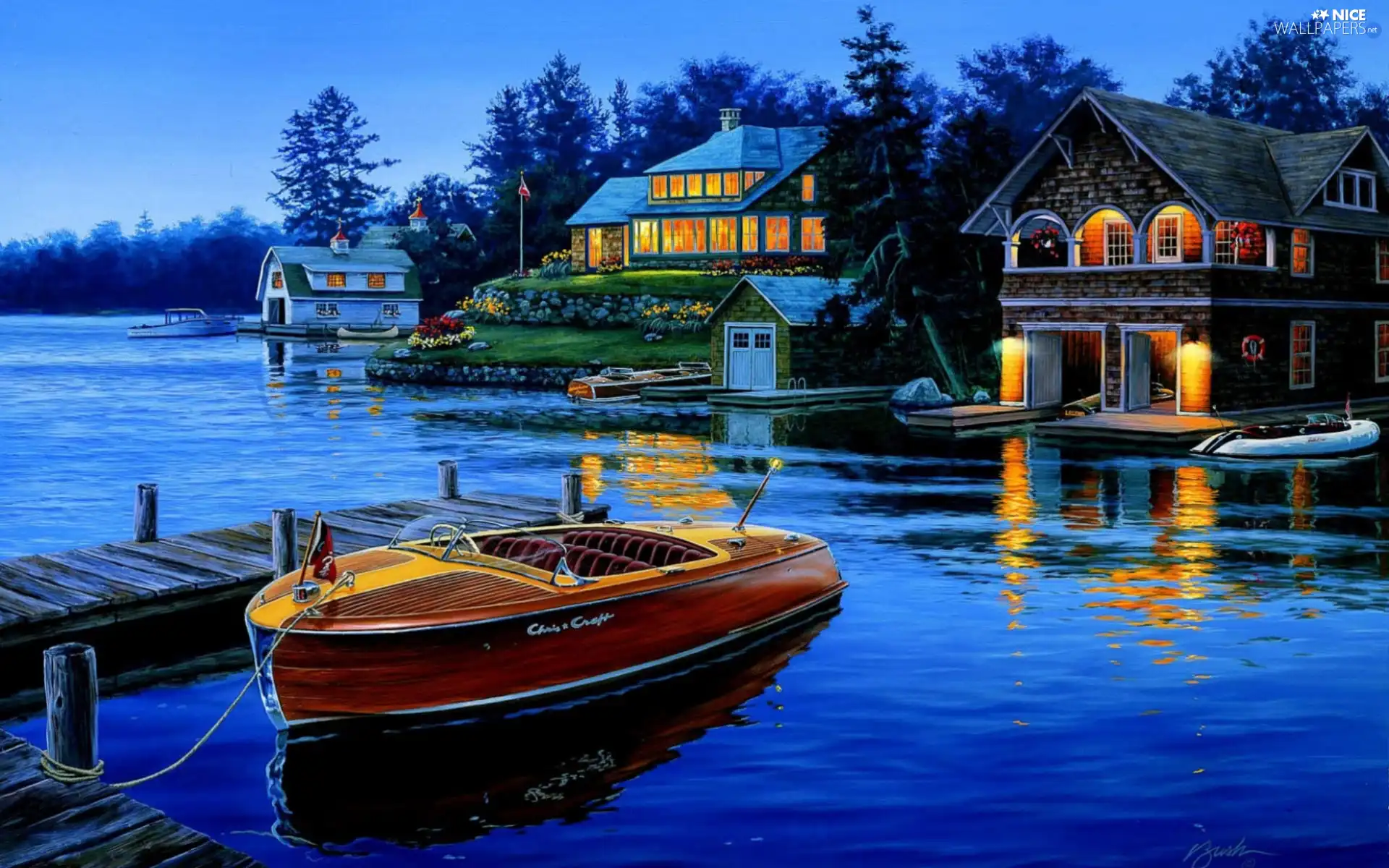 Boat, evening, by, lake, Houses