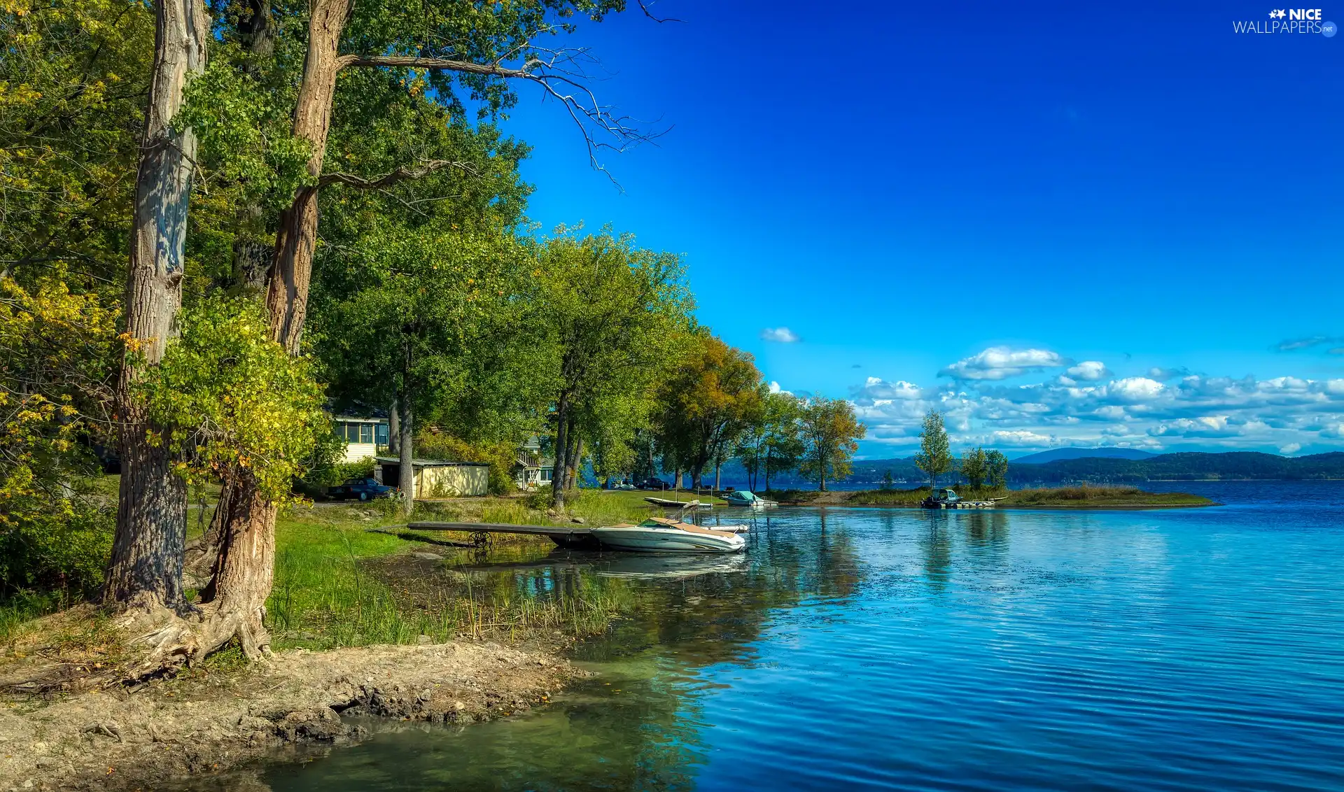 trees, lake, blue, boats, summer, viewes, Sky