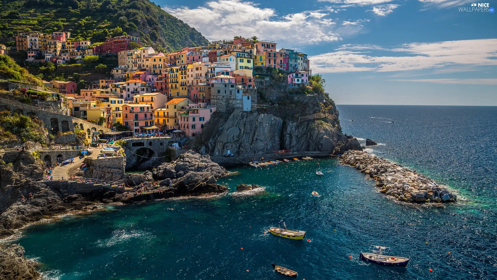 Cinque Terre, Coast, Ligurian Sea, Houses, Riomaggiore Municipality, Italy, boats, Manarola, rocks