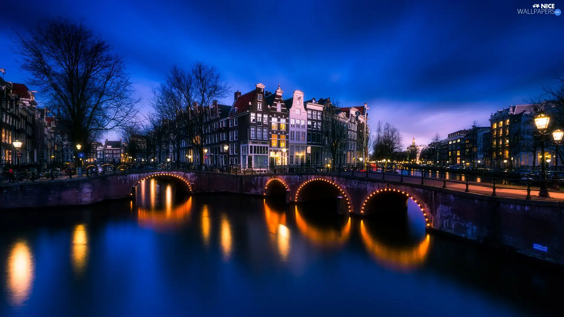 River, bridge, Amsterdam, Houses, Netherlands
