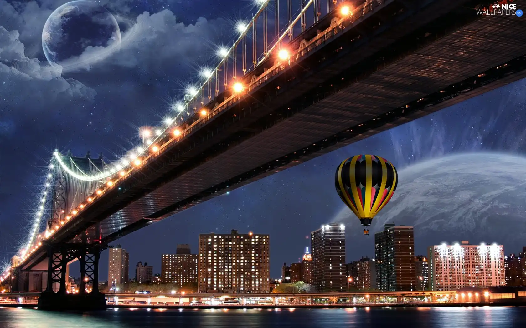 bridge, Balloon, Night, light, Town