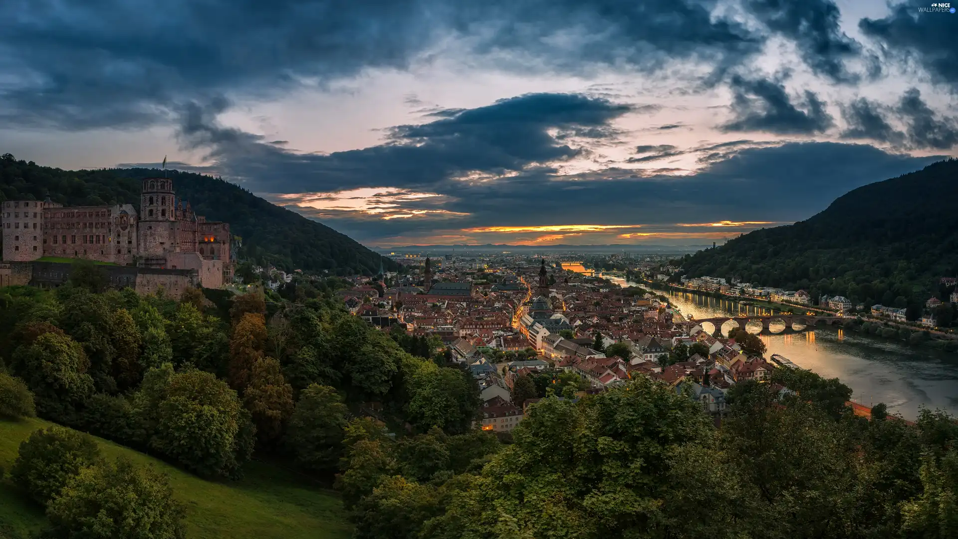 trees, castle, viewes, bridge, Neckar River, Houses, ruins, Germany, clouds, Hill, Mountains, Heidelberg