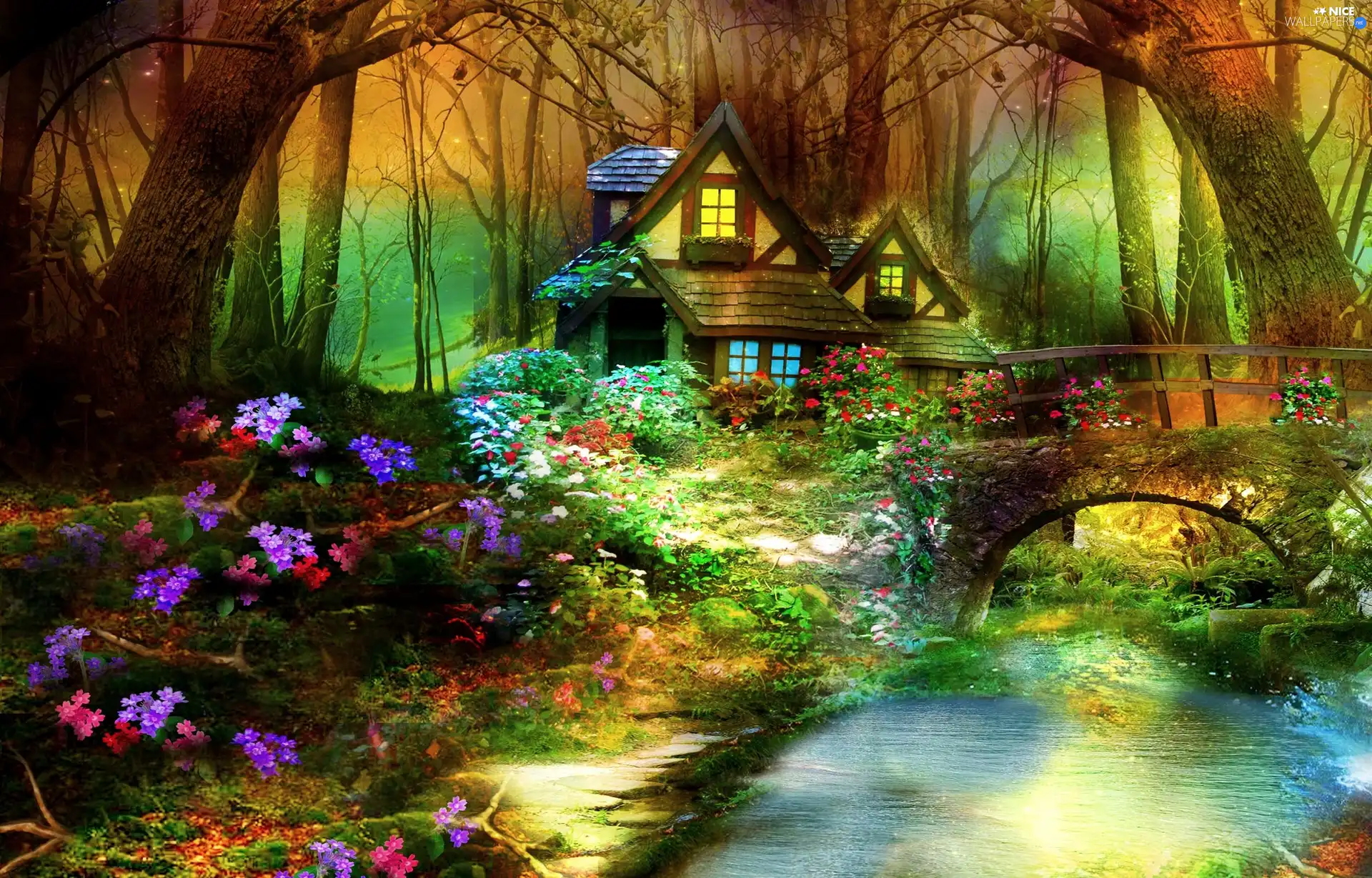 house, River, bridge, forest