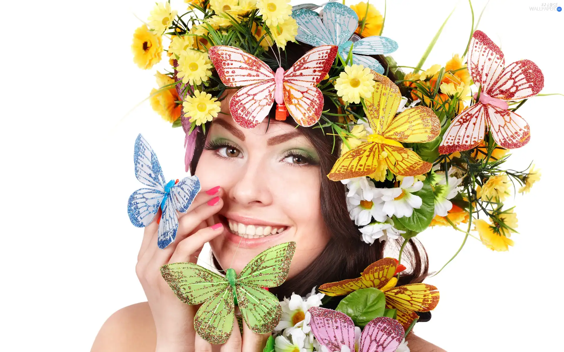 Women, Flowers, butterflies, make-up