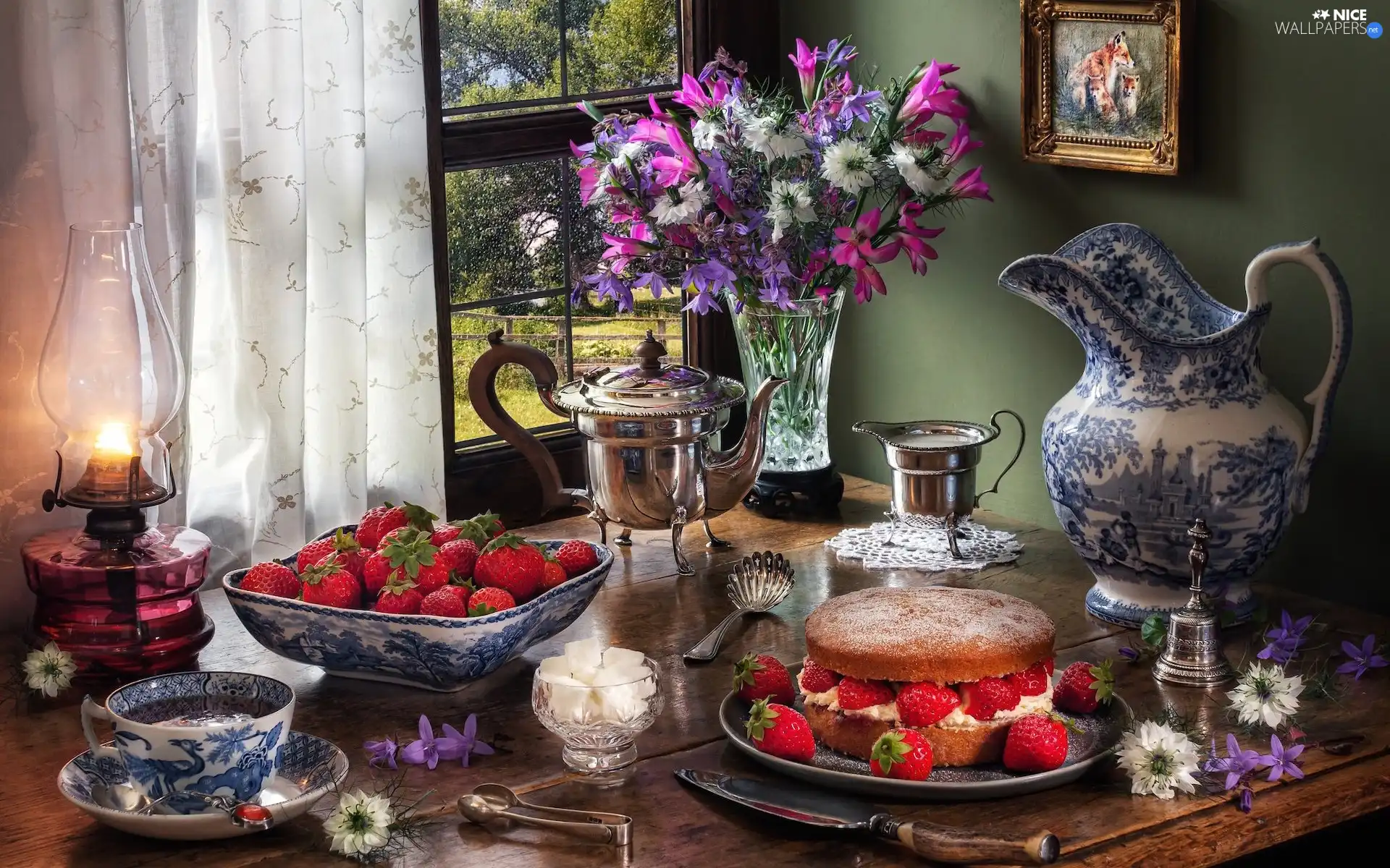 Window, composition, curtain, Bouquet of Flowers, cake, Lamp, strawberries, jug, picture