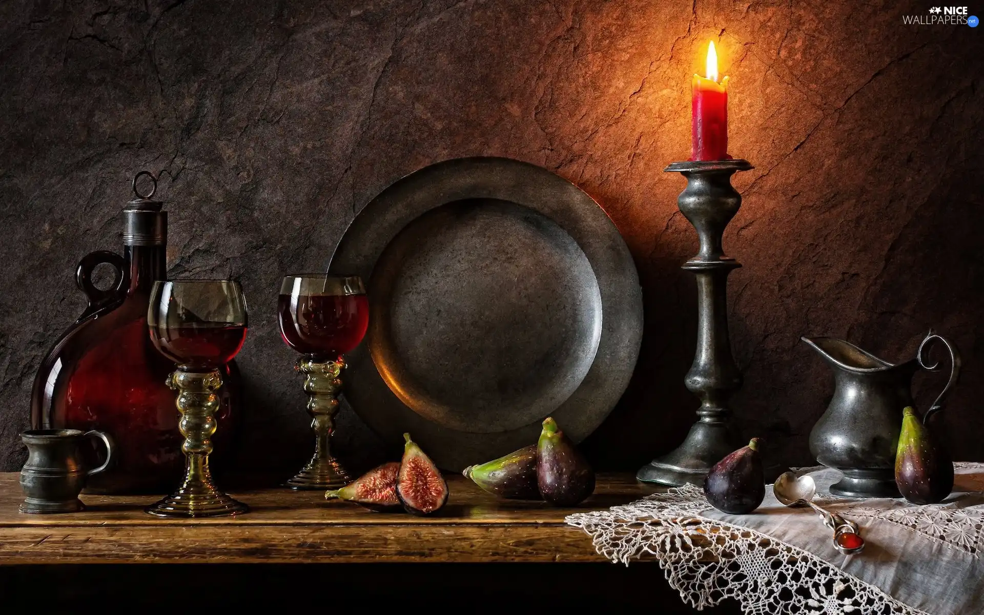 glasses, candle, figs, candlestick, napkin, plate, composition, carafe