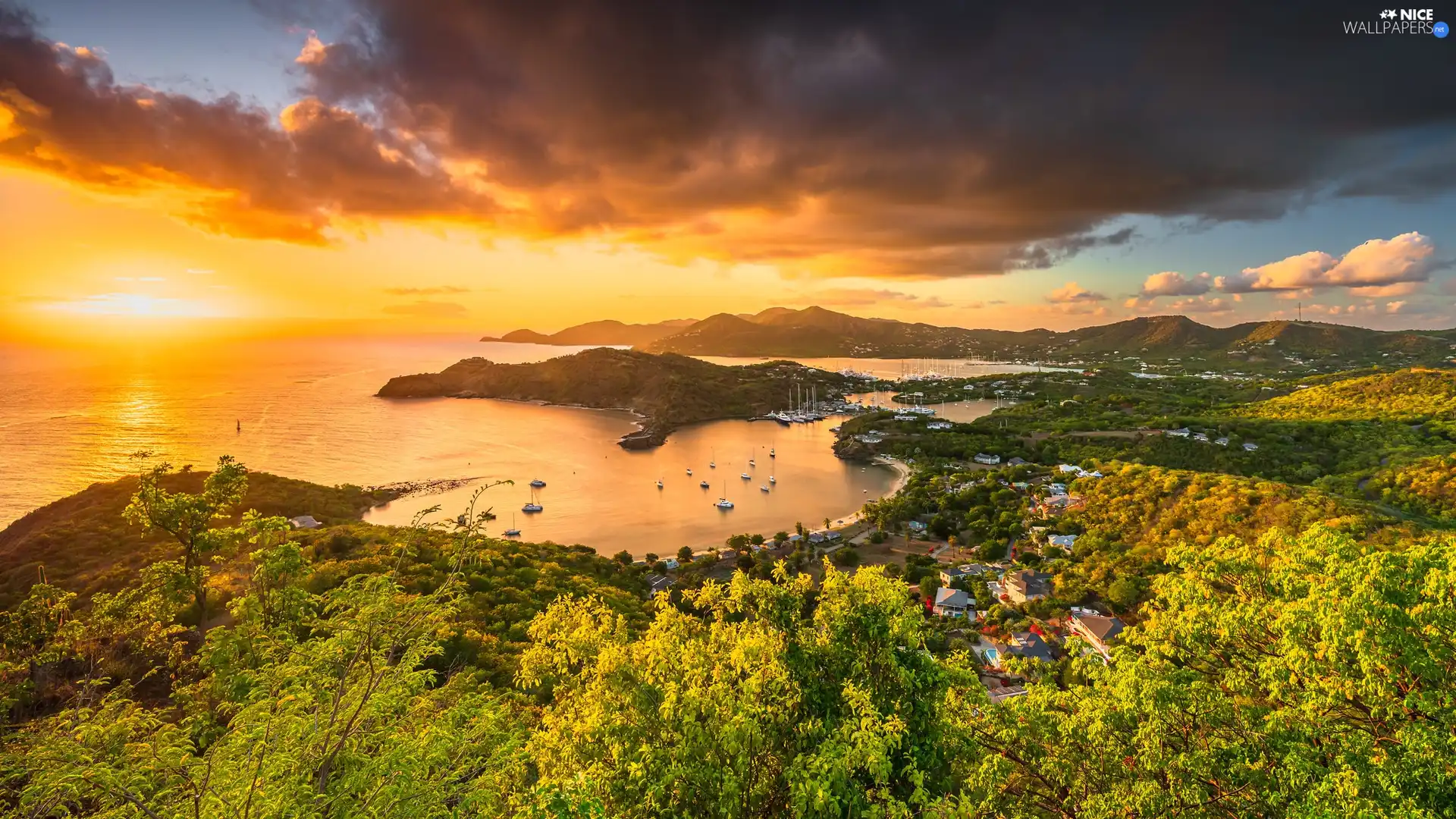 sea, Gulf, Antigua and Barbuda, Sailboats, Caribbean, Mountains, Great Sunsets, Antigua