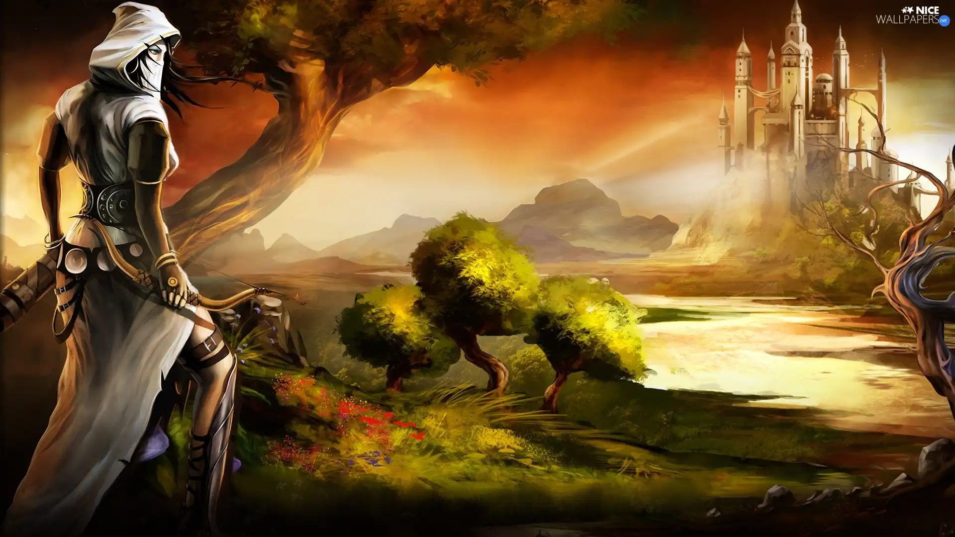 trees, Women, Castle, graphics, viewes, Bow