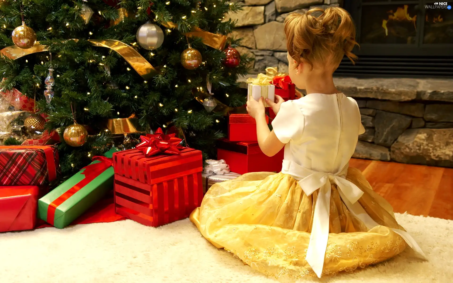 gifts, girl, christmas tree