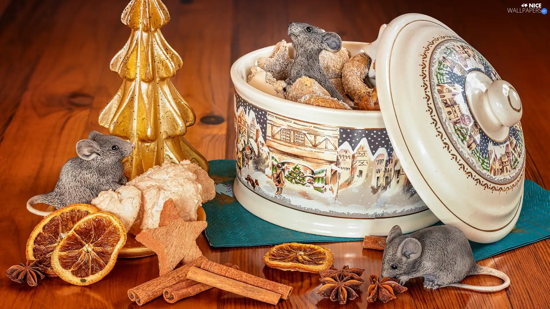 cinnamon, figures, christmas tree, anise, mouse, sugar-bowl, composition