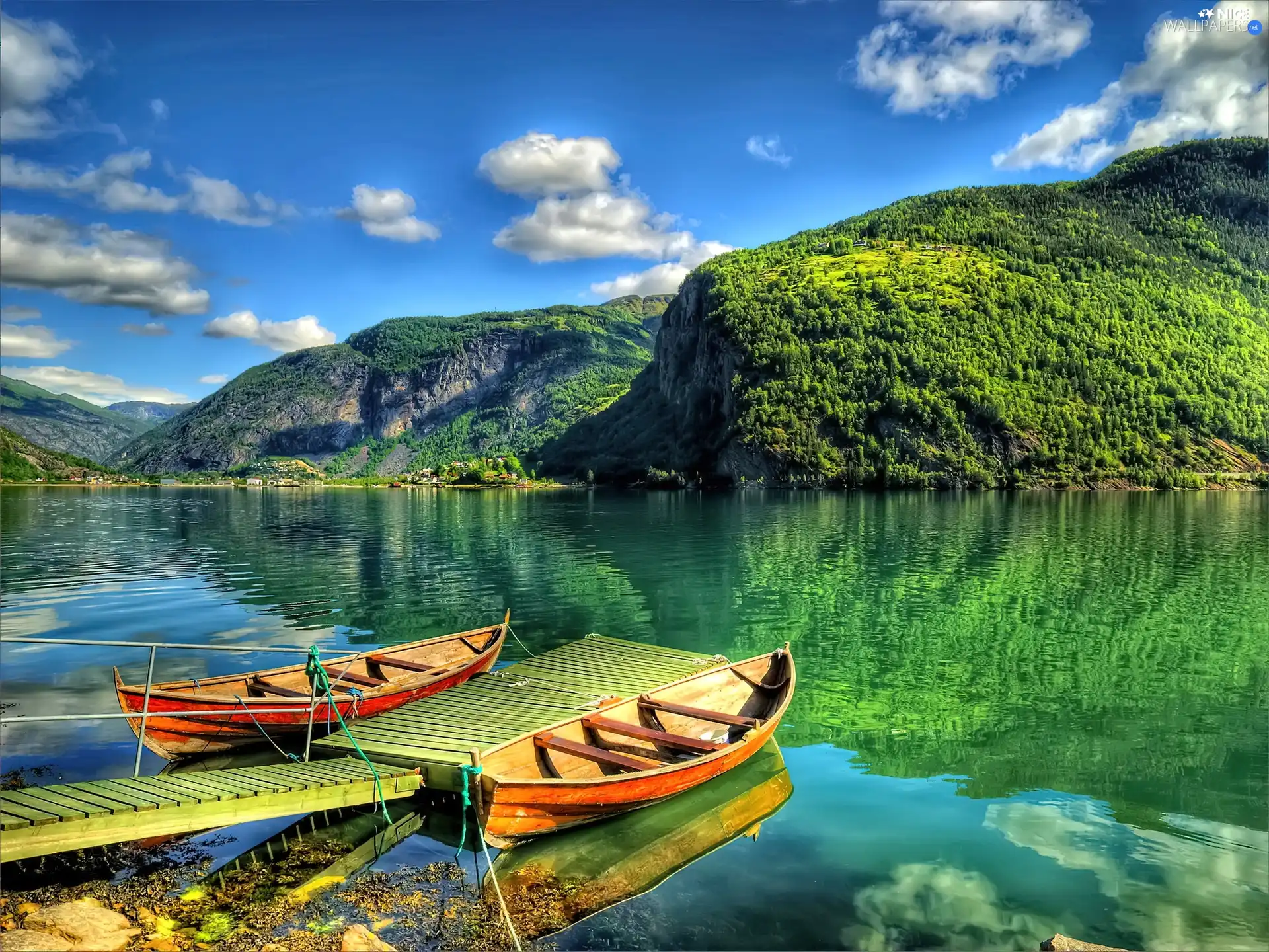 boats, lake, clouds, Mountains