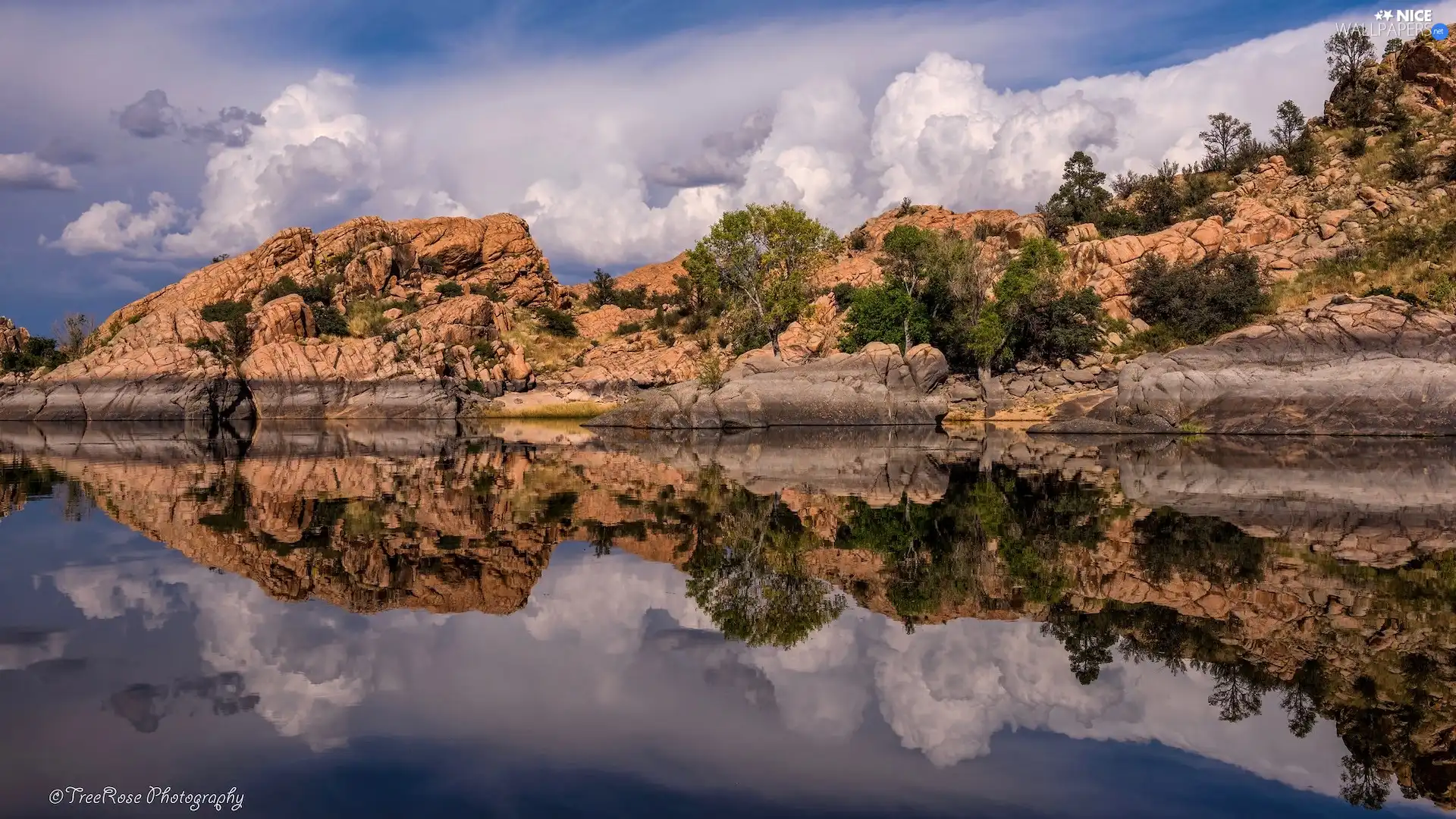 trees, rocks, reflection, clouds, viewes, lake