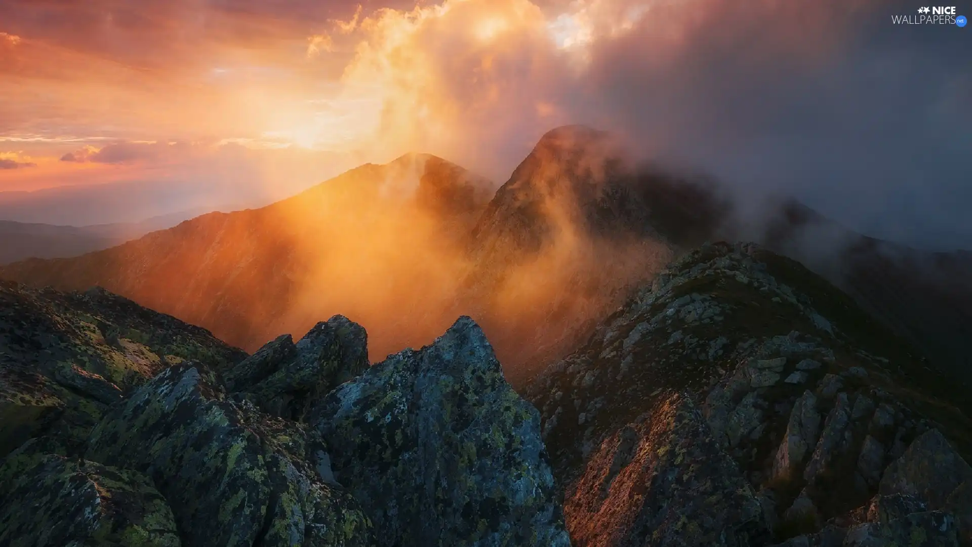 Retezat Massif, Romania, clouds, Sunrise, Mountains, carpathians