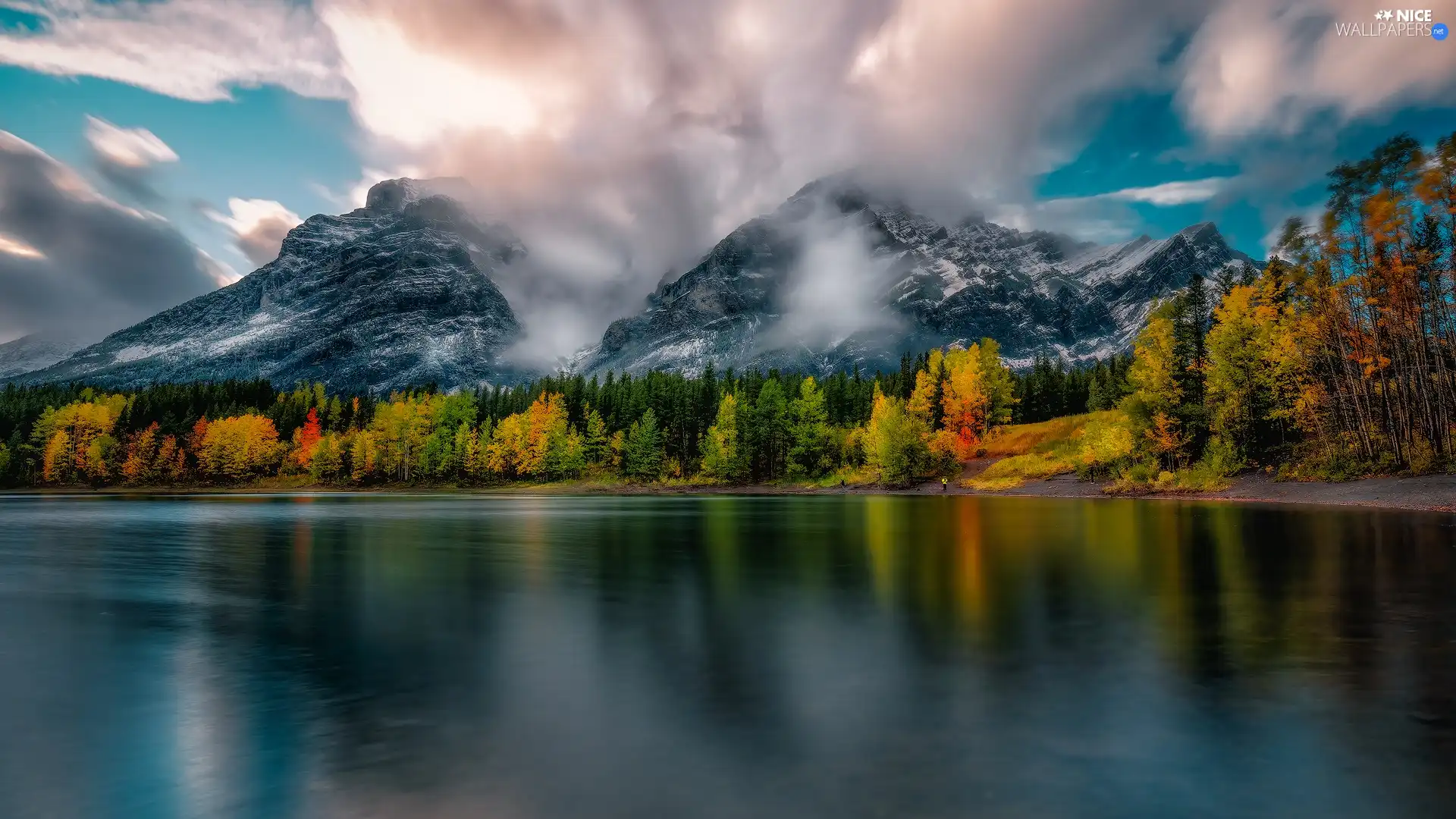 trees, lake, autumn, color, Mountains, viewes, clouds