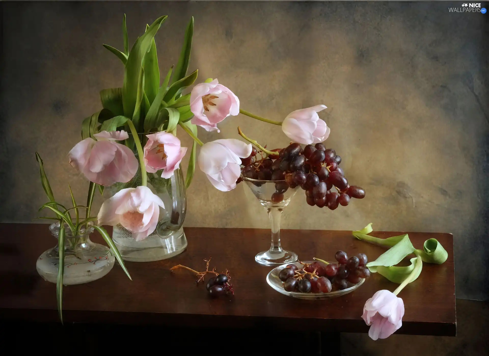 Pink, Grapes, composition, Tulips