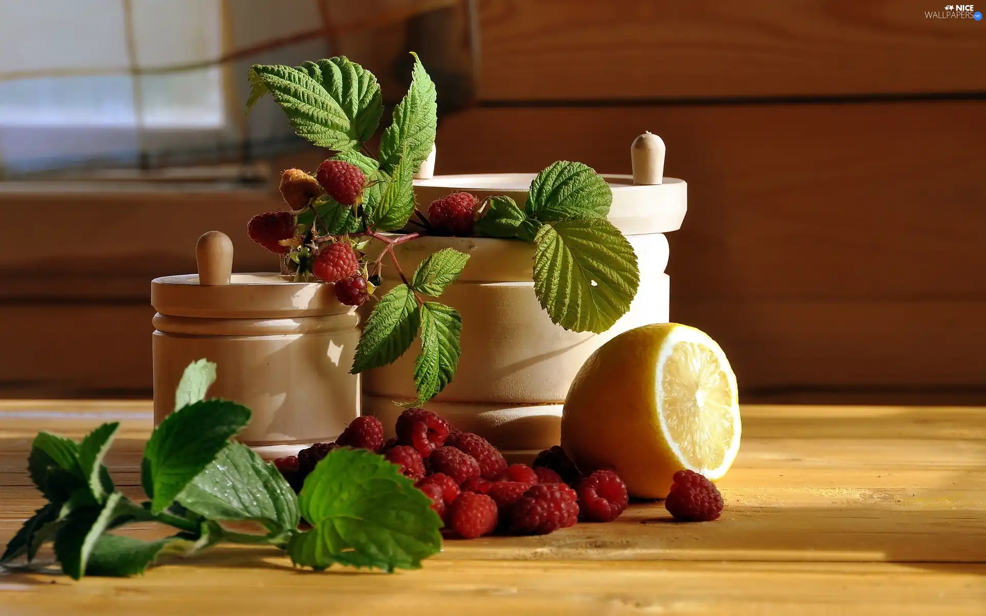 Lemon, twig, Containers, composition, wood, raspberries