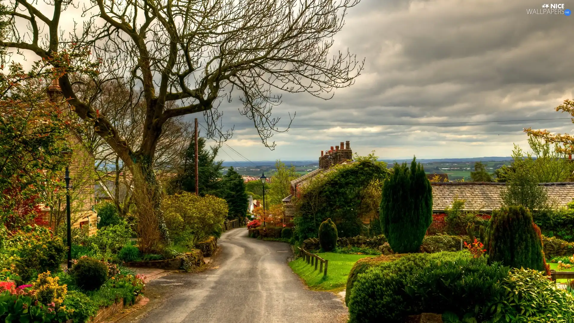 country, England, clouds, Houses, Way