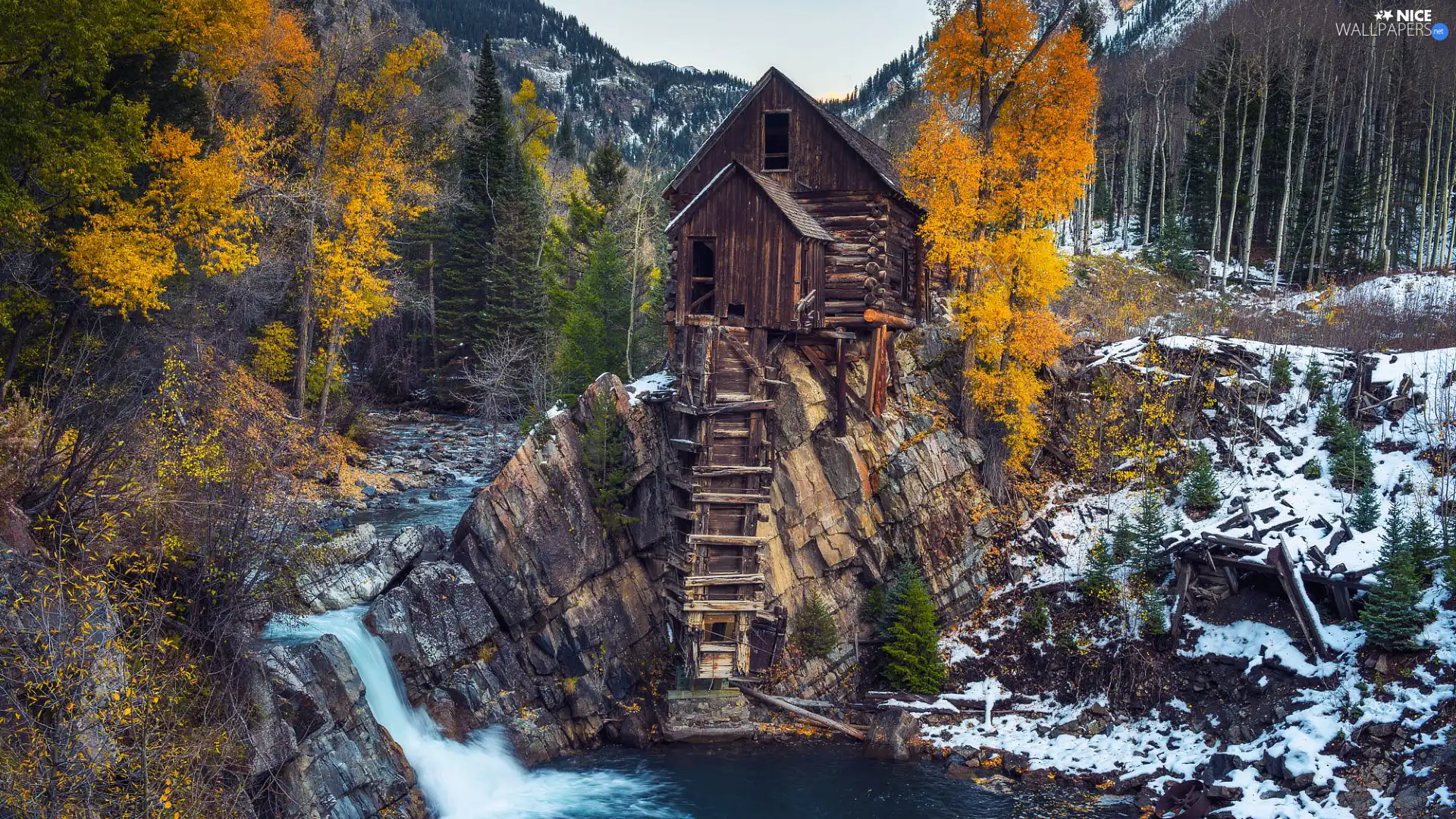 Crystal Mill, Windmill, Crystal River, snow, Colorado, The United States, trees, viewes, rocks