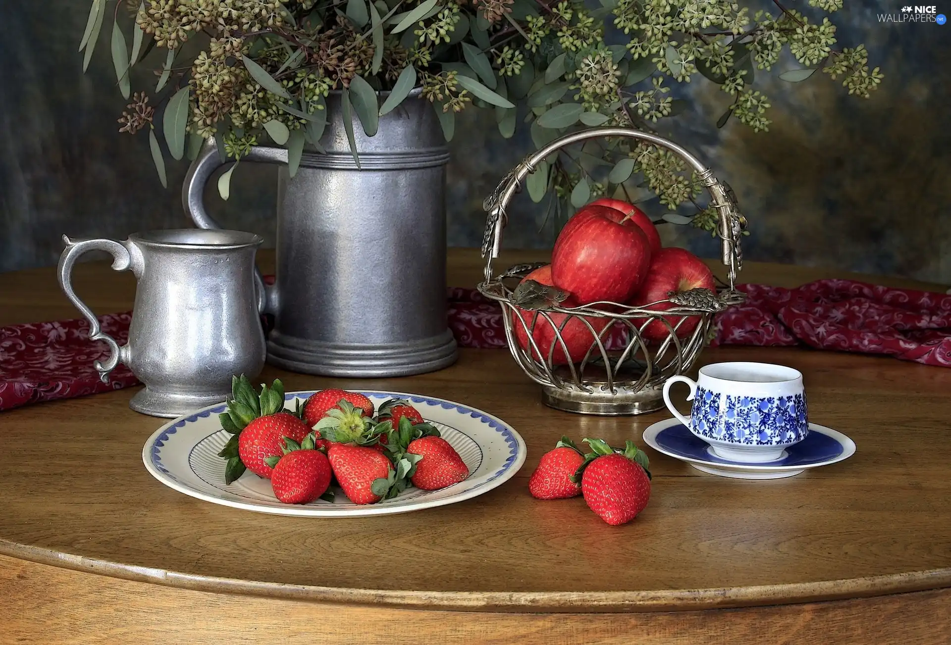 still life, apples, dishes, strawberries