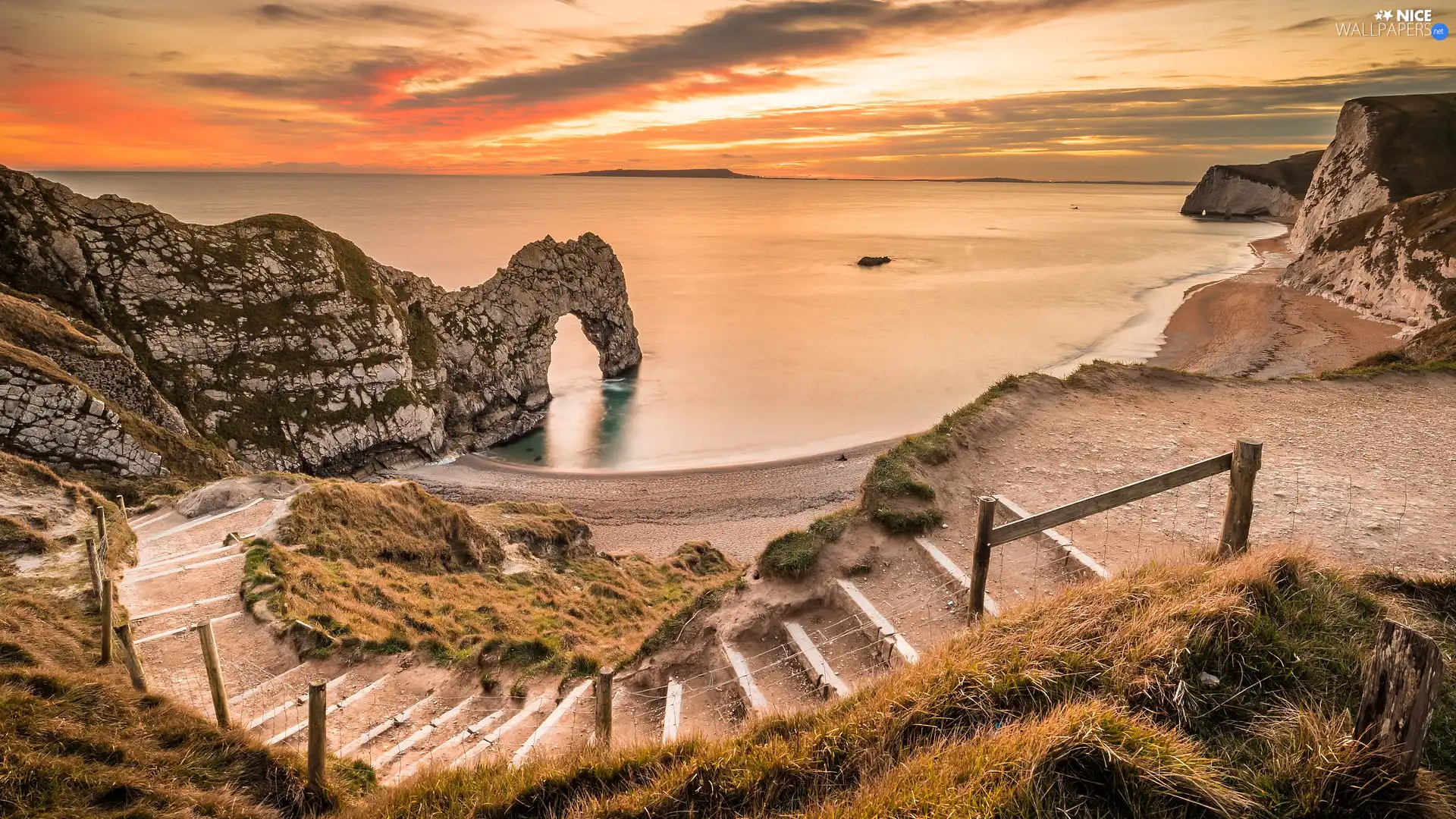Durdle Door, Durdle Door, sea, rocks, Beaches, England, Stairs, Great Sunsets, Jurassic Coast