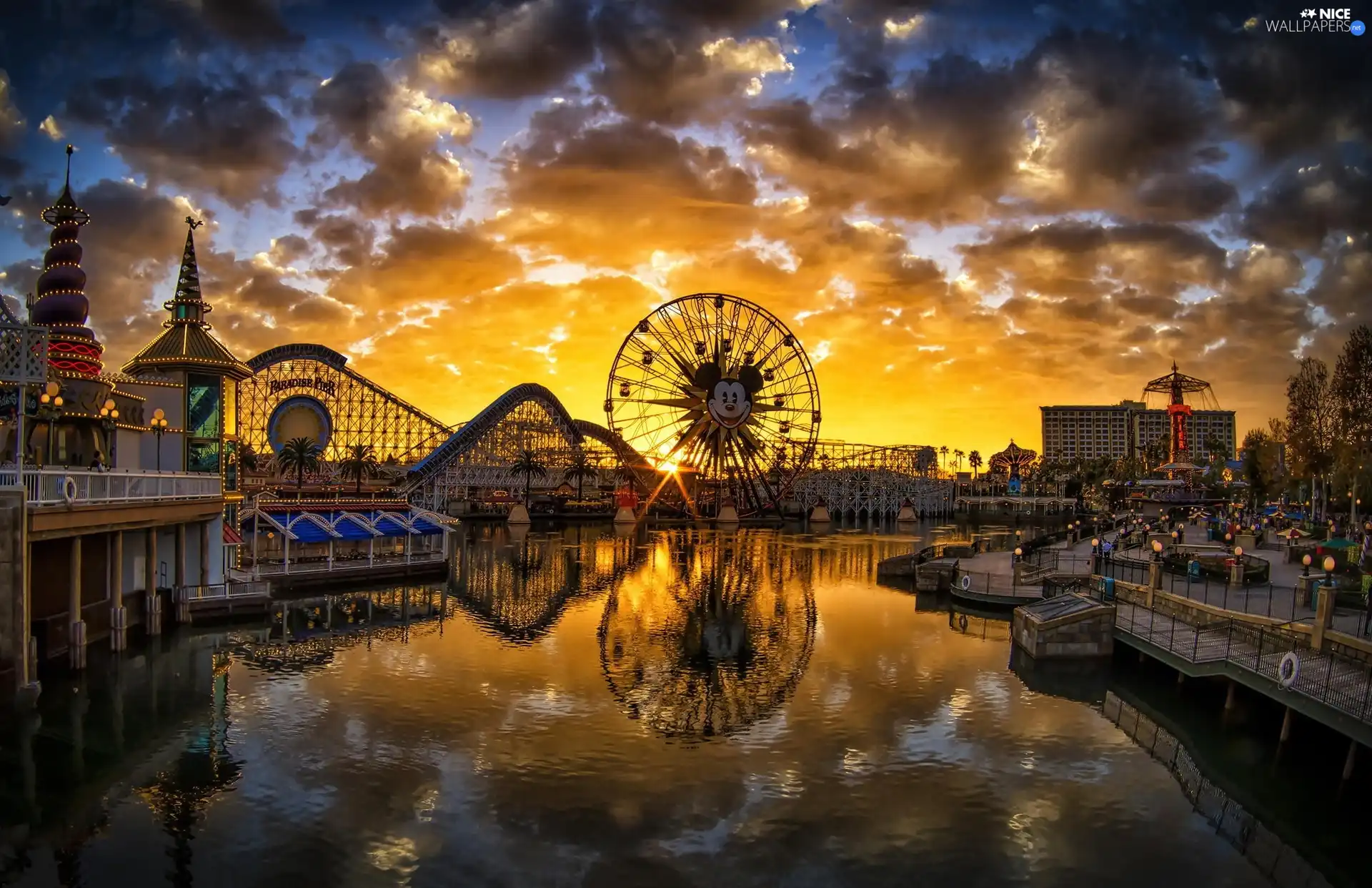 Disneyland, California, River, Anaheim, The United States, Ferris Wheel, Great Sunsets
