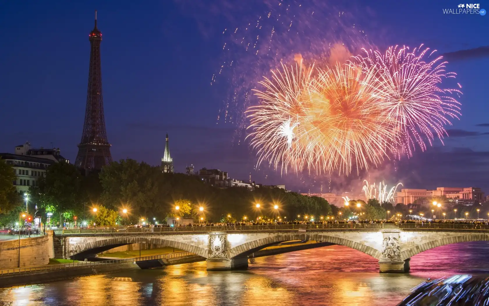 Night, River, Paris, Seine, bridge, fireworks, France