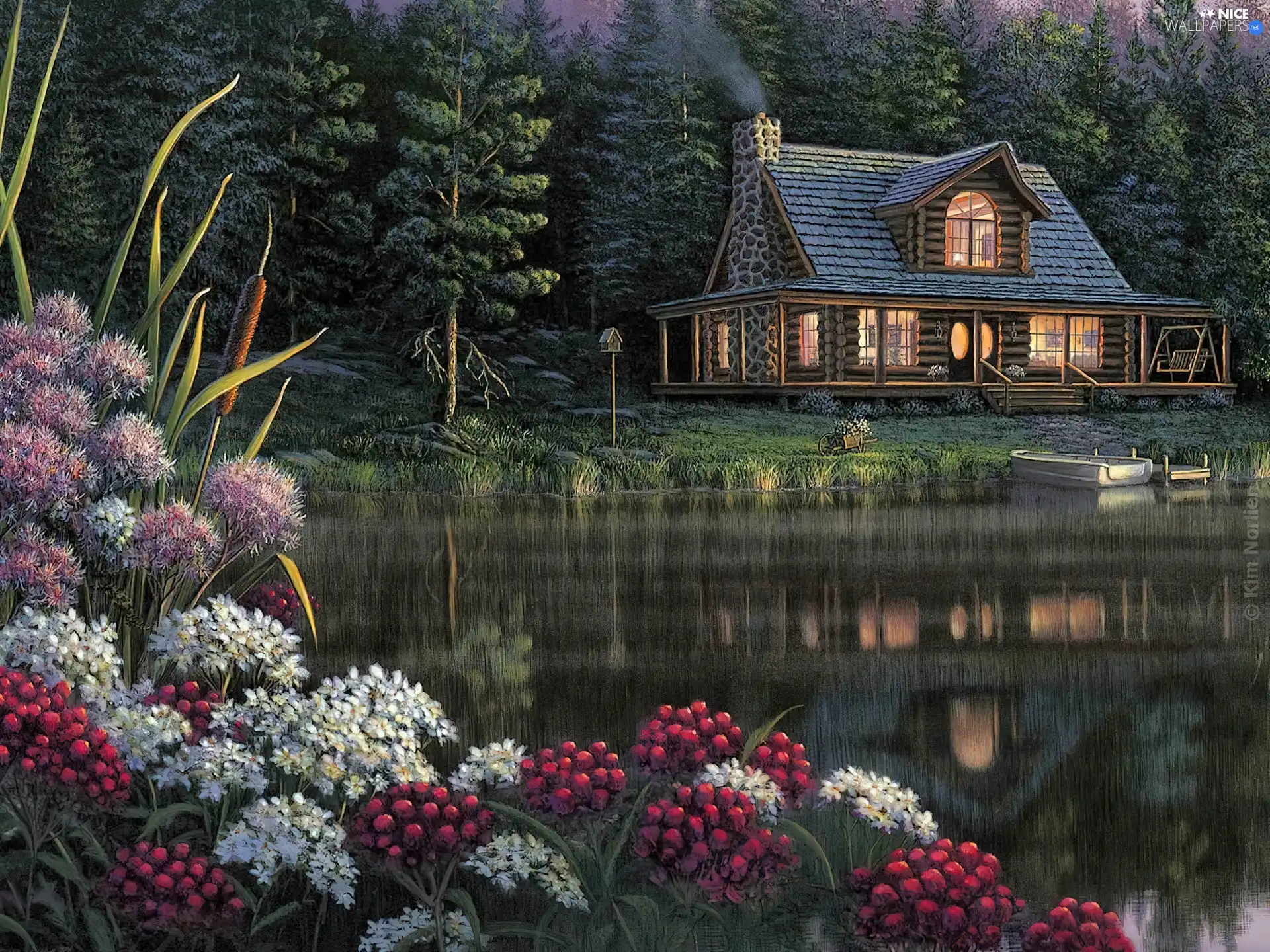 house, lake, Flowers, by