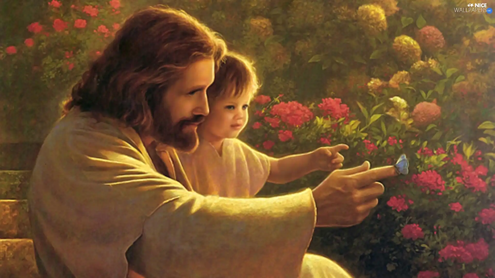 Jesus, butterfly, Flowers, Kid