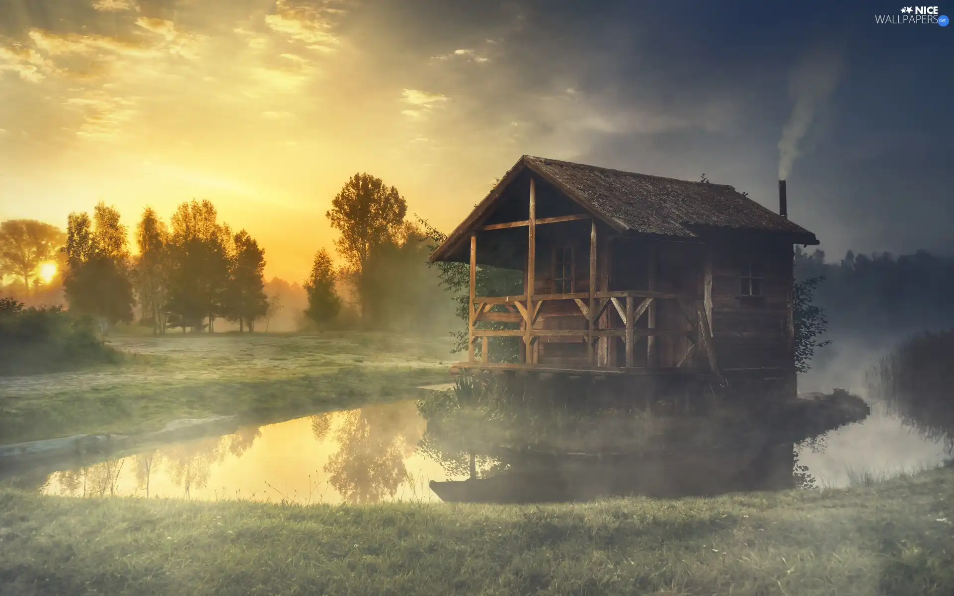 lake, wooden, Sunrise, Fog, reflection, house