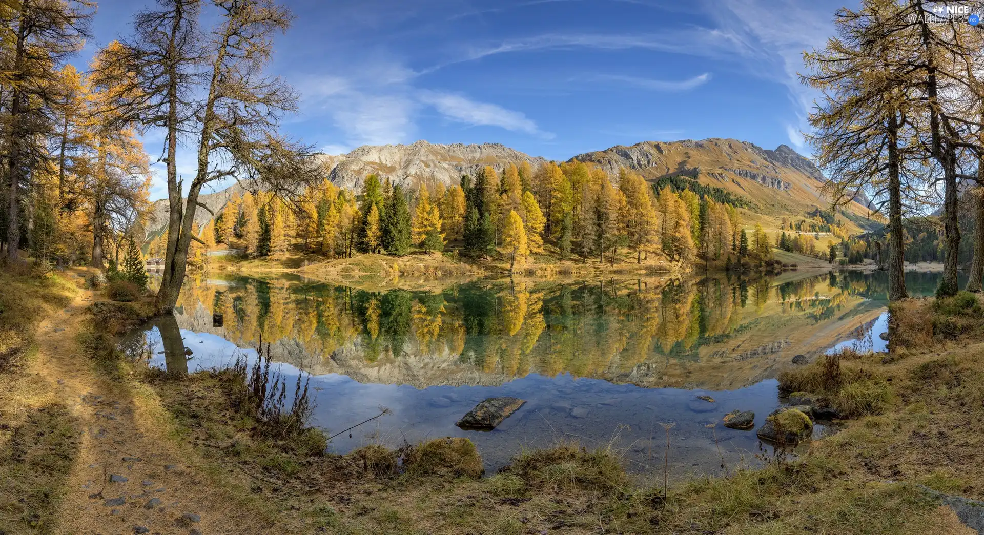 lake, autumn, viewes, forest, trees, Mountains