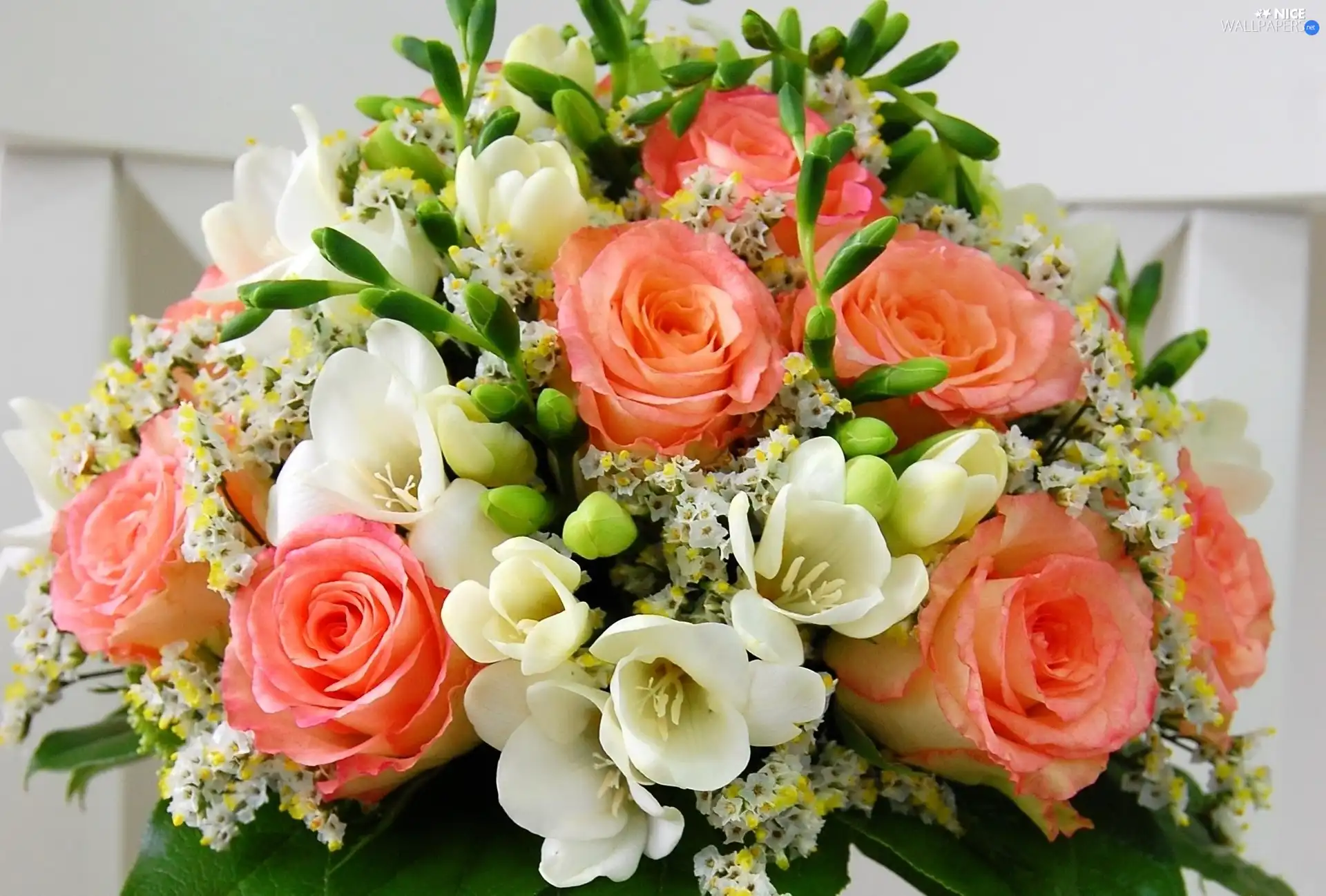 Freesias, roses, Arts, flowers, bouquet