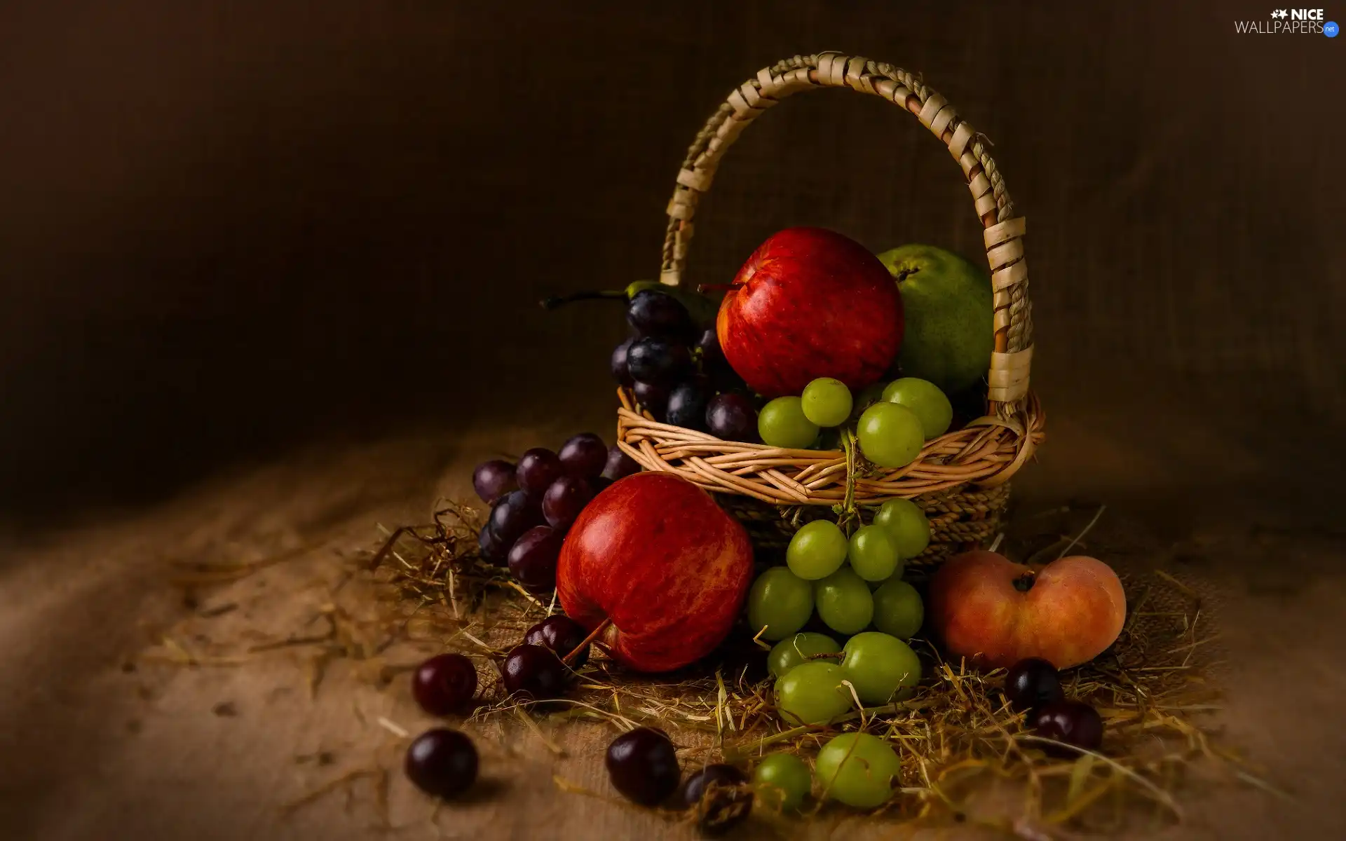 Grapes, basket, peach, Truck concrete mixer, apples, Fruits