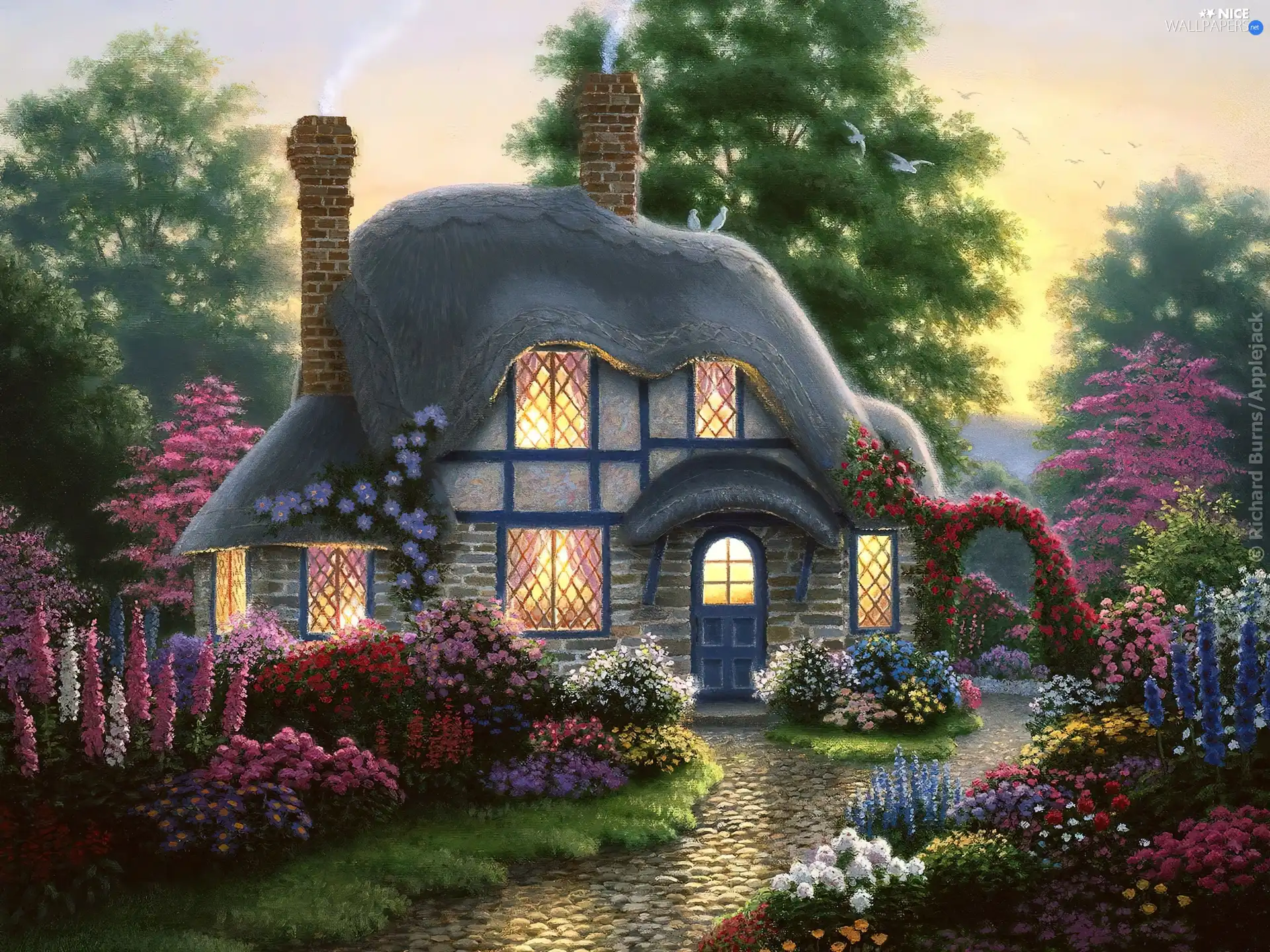 house, Garden, Thomas Kinkade, Way