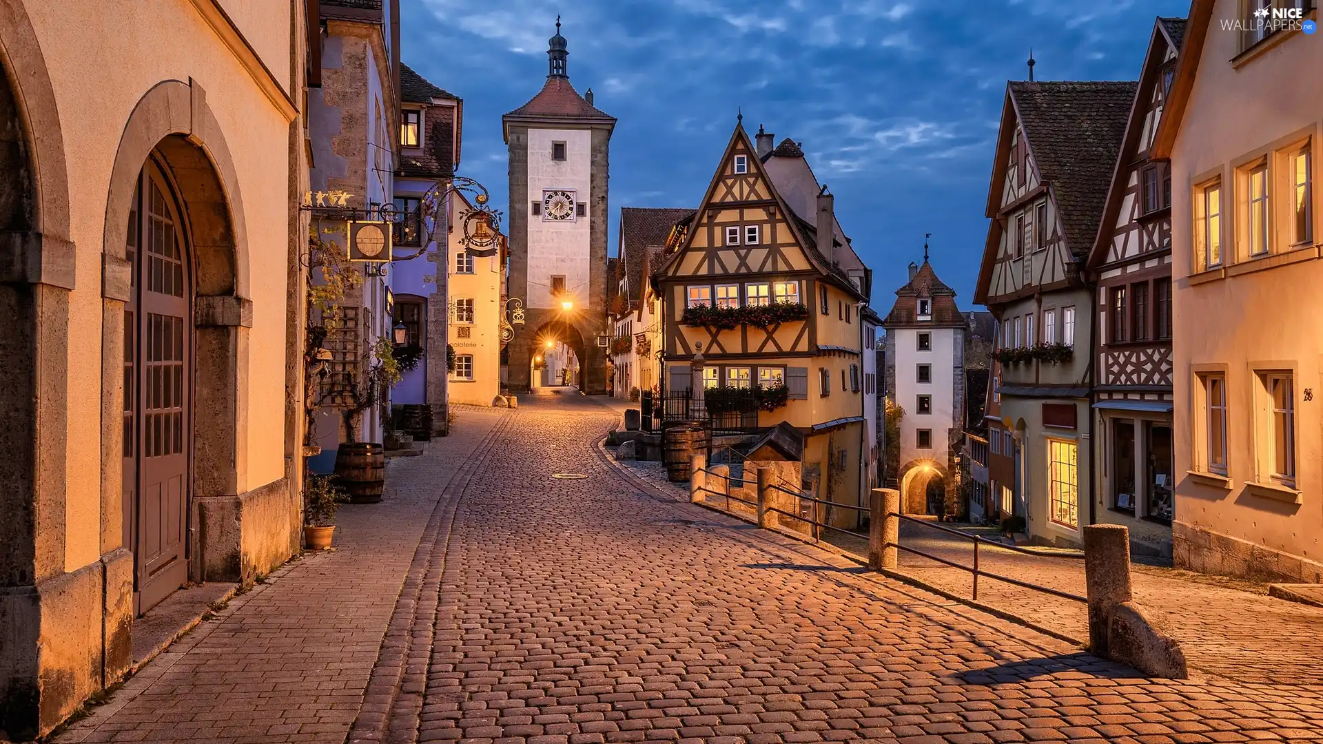 Houses, Street, Bavaria, Rothenburg ob der Tauber, Germany