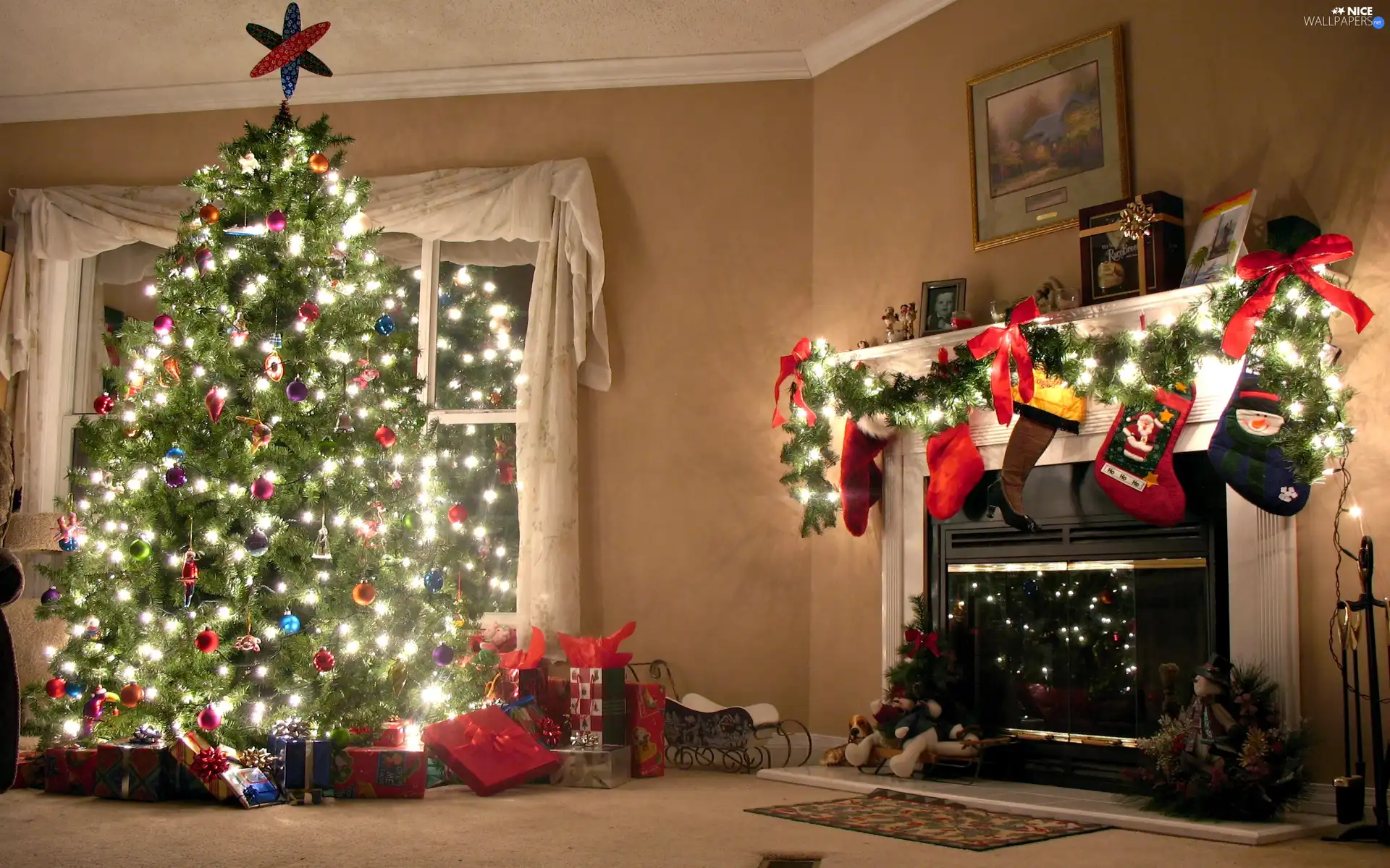 socks, Lights, burner chimney, gifts, christmas tree