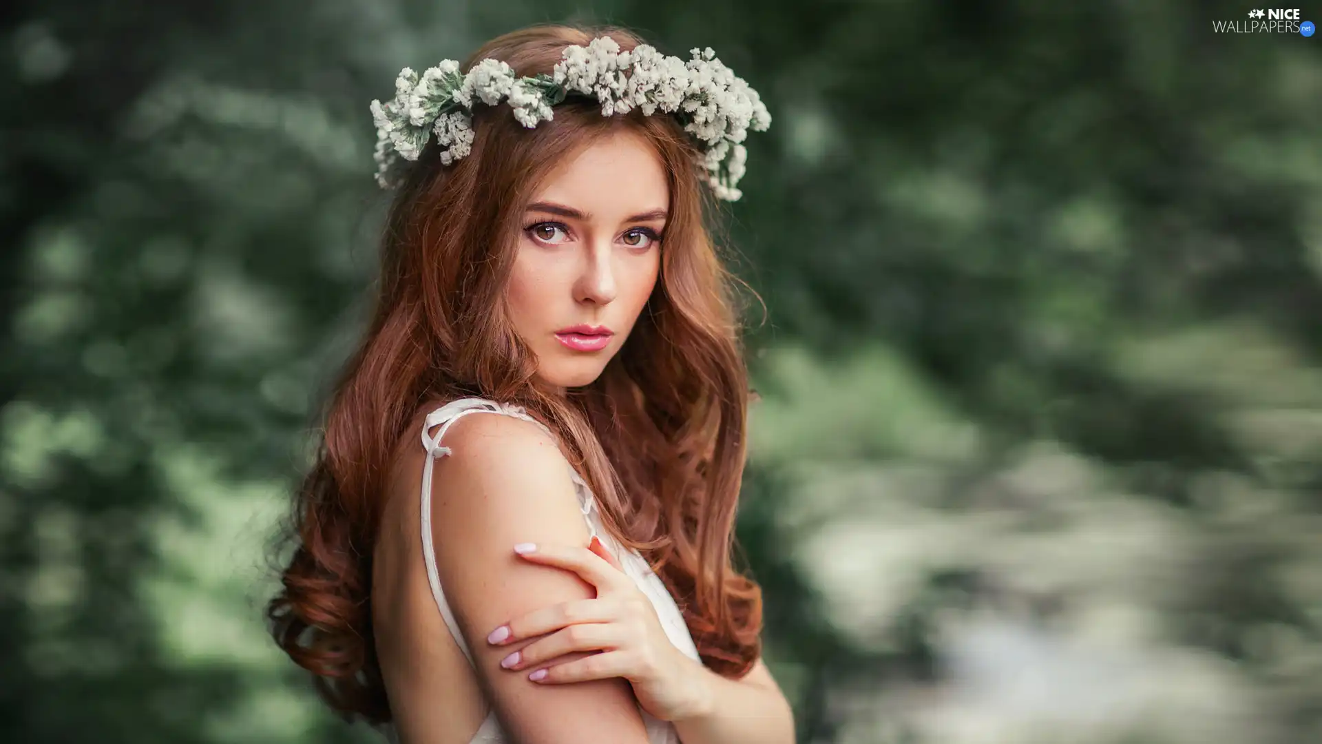 redhead, wreath, Flowers, girl