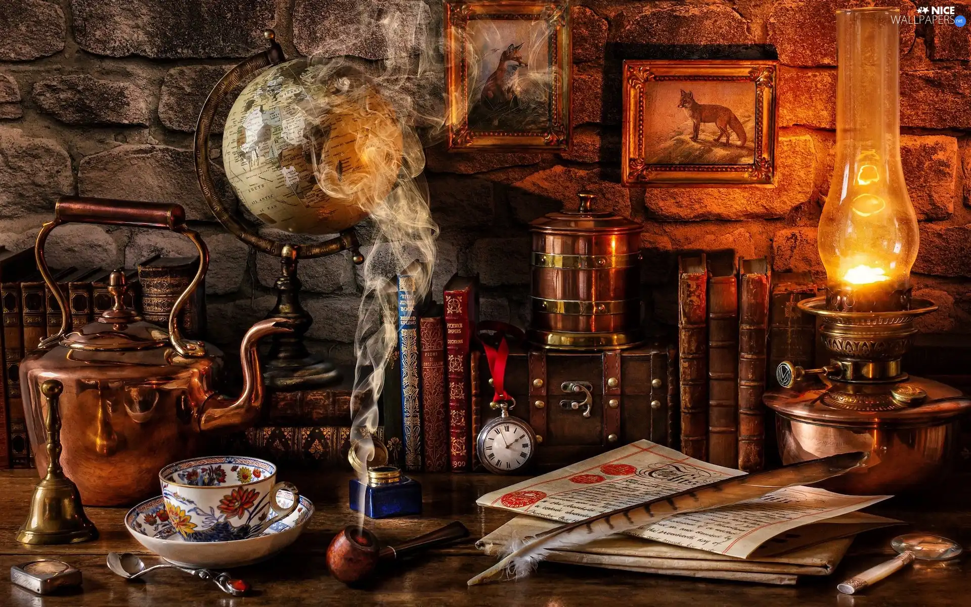 globe, Books, Lamp, pen, smoke, composition, kettle, Paintings, cup, pipe