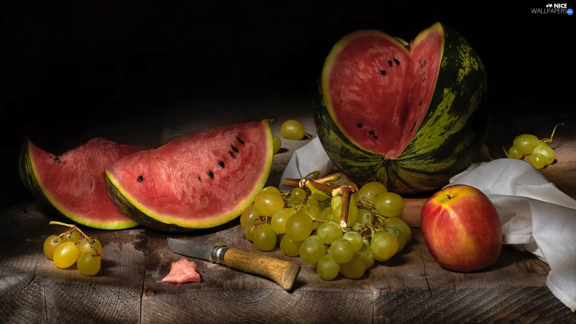 Apple, watermelon, boarding, Grapes, Fruits, knife, napkin