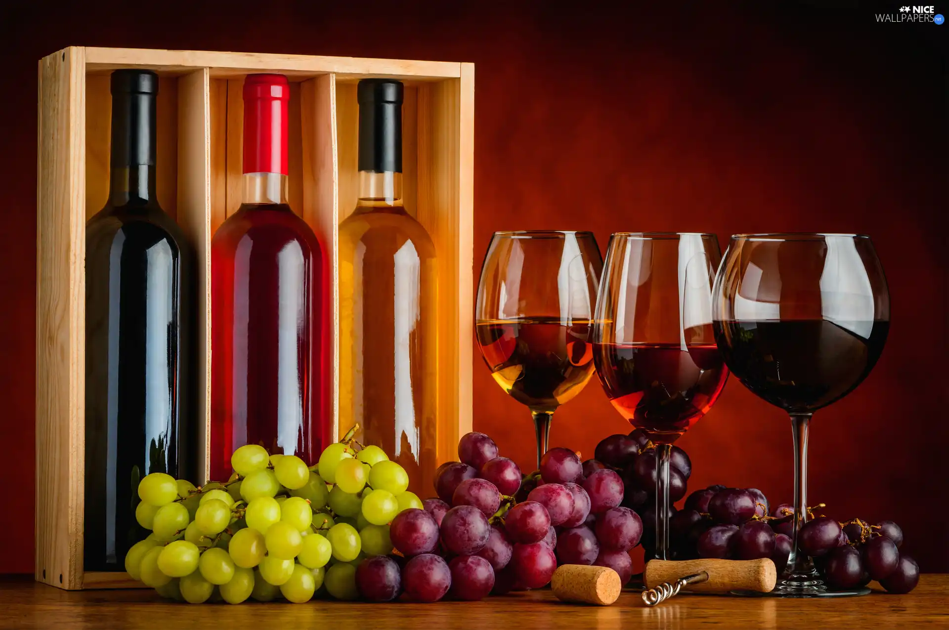 Bottles, Grapes, Three, glasses, Wine