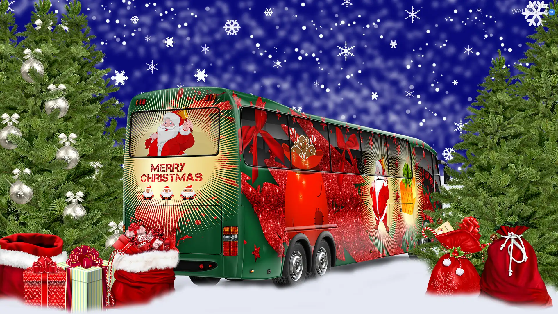 viewes, bus, gifts, trees, festive, christmas tree, graphics