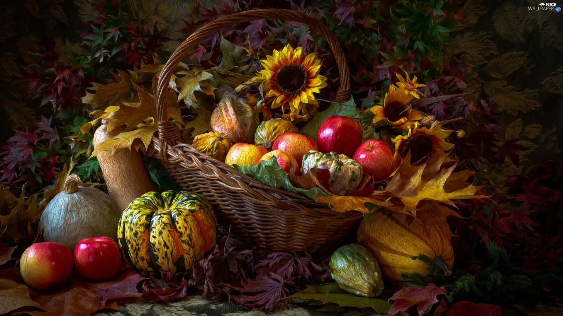 wicker, apples, Leaf, Nice sunflowers, pumpkin, basket, graphics