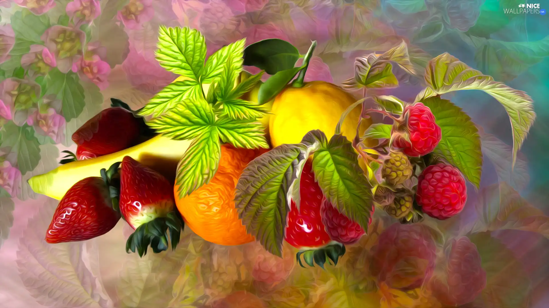 orange, Fruits, raspberries, graphics, Lemon, strawberries